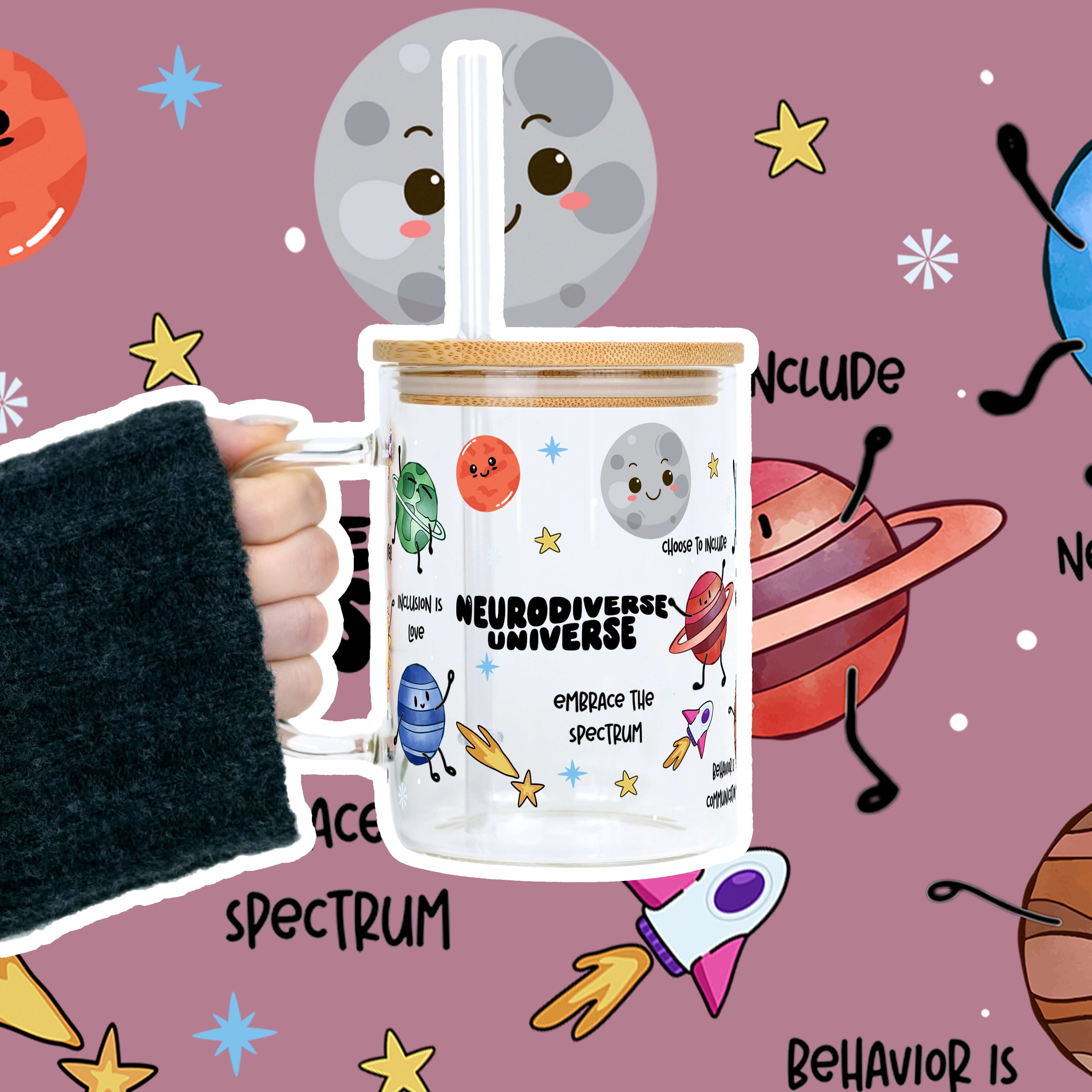 Neurodiverse Universe 17oz Glass Mug With Lid and Straw