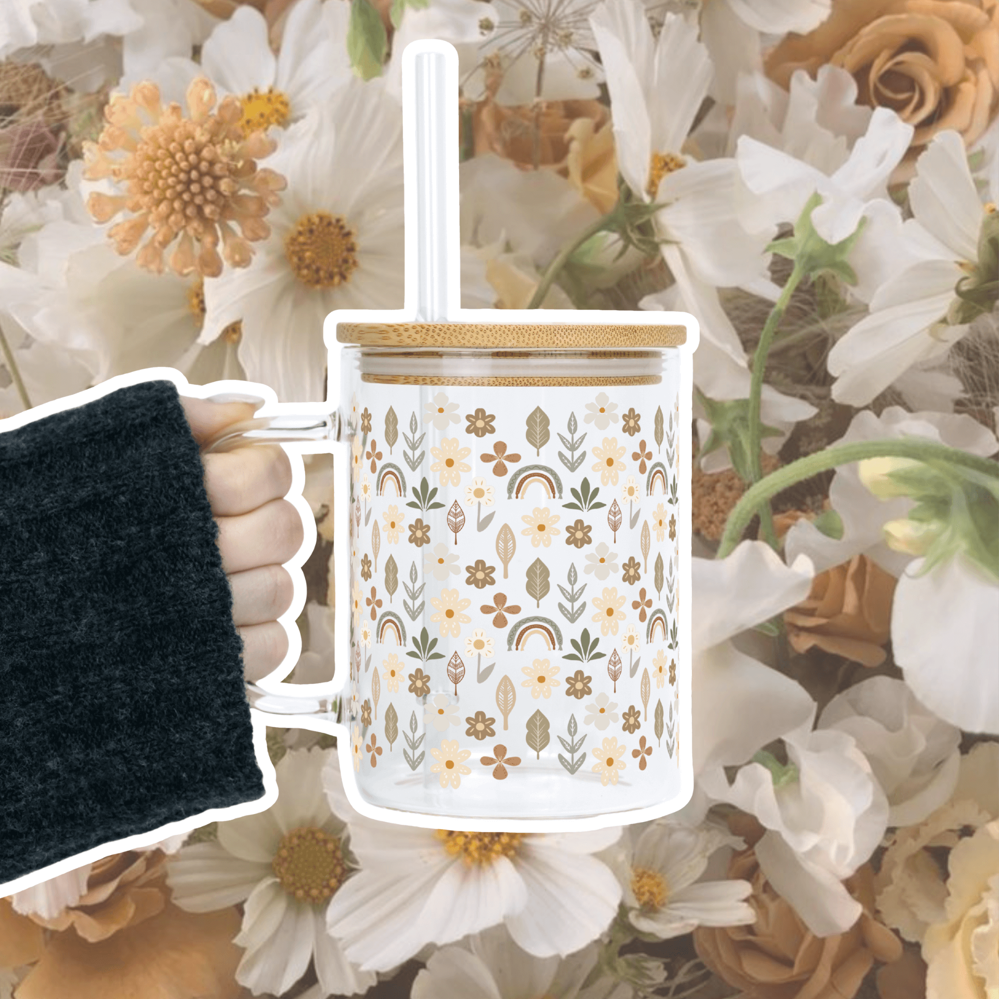 Neutral Wildflowers 17oz Glass Mug With Lid and Straw