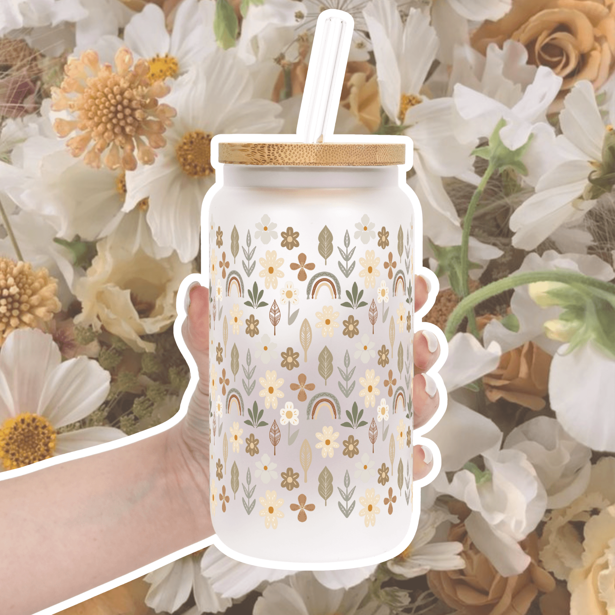 Neutral Wildflowers  Cup With Lid and Straw