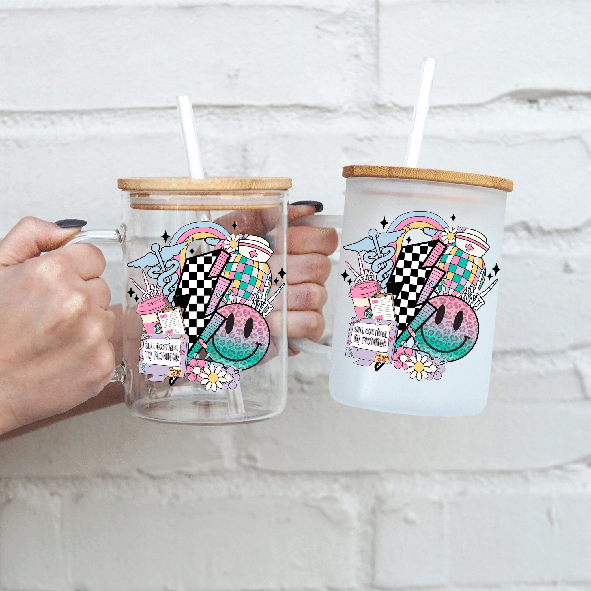 Nurse 17oz Glass Mug With Lid and Straw