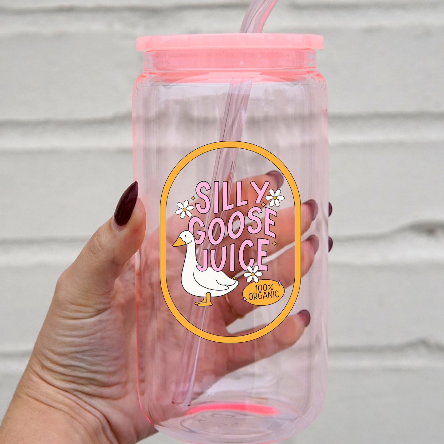 Silly Goose Juice 16oz Glass Can Cup With Lid and Straw