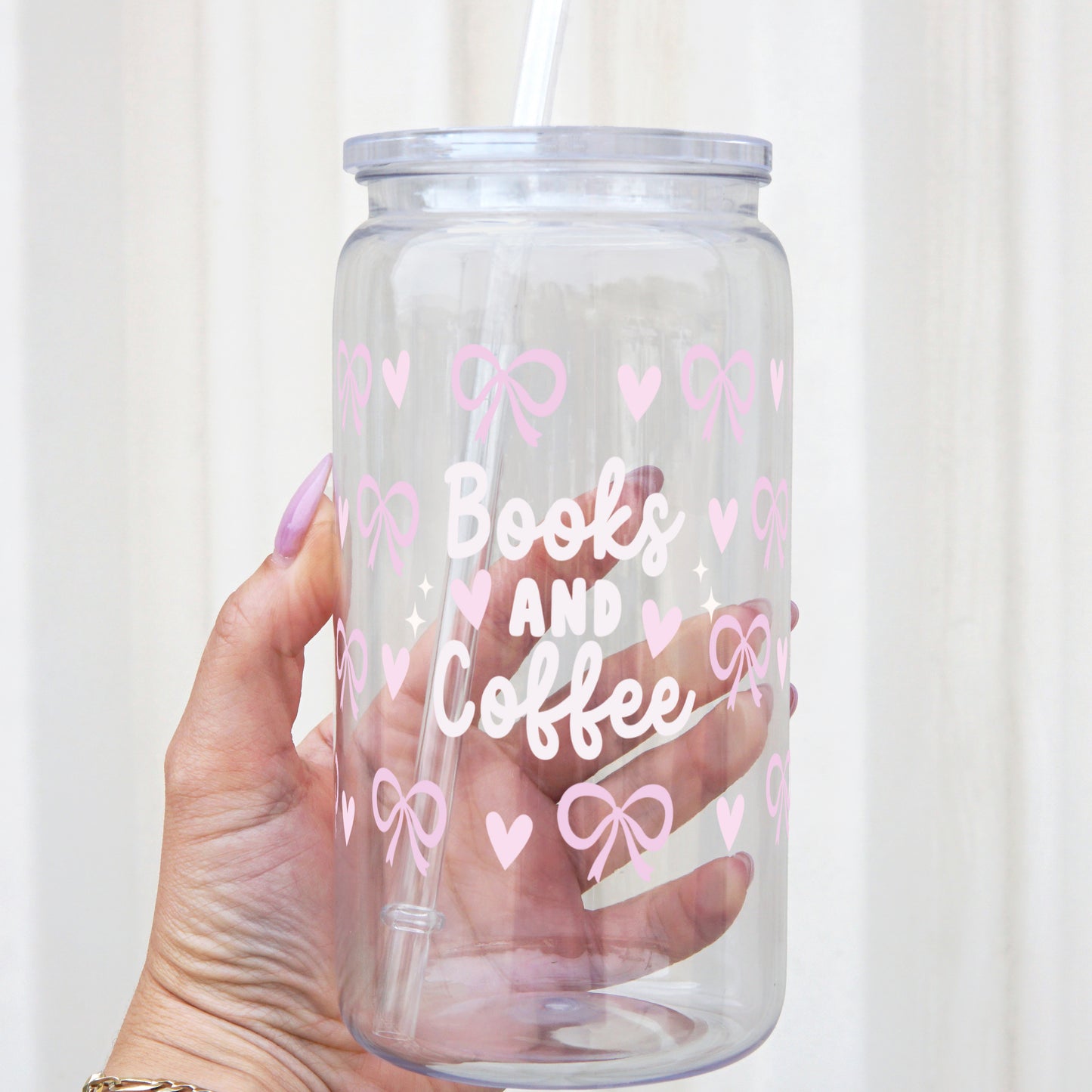 Coquette Books and Coffee 16oz Acrylic Plastic Cup with Clear Lid