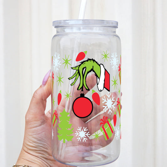 Christmas Hand With Ornament 16oz Durable Acrylic Cup With Lid and Straw