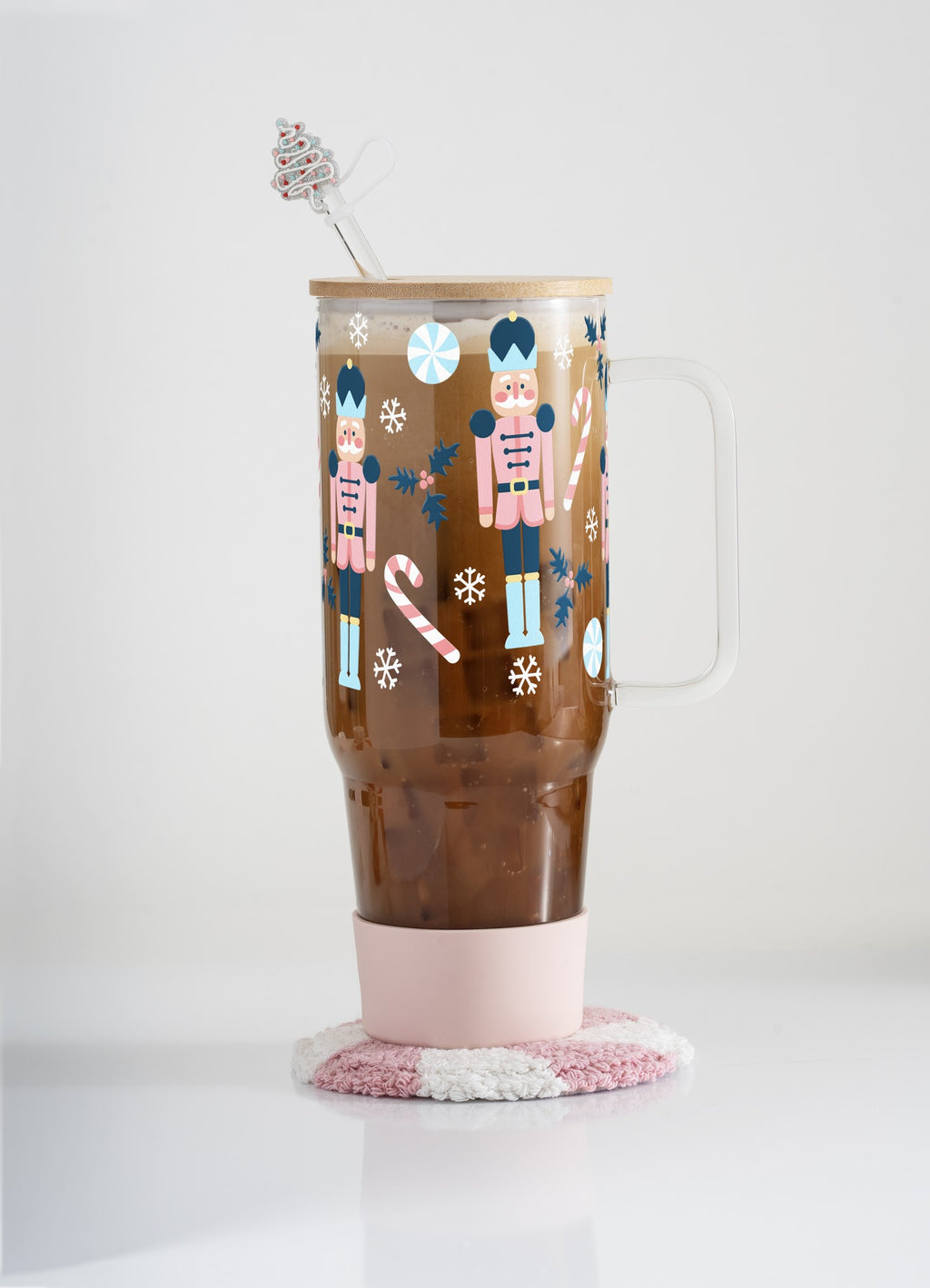 Pink Nutcracker 40oz glass tumbler with pink boot, pink peppermint mug rug and Christmas tree straw topper