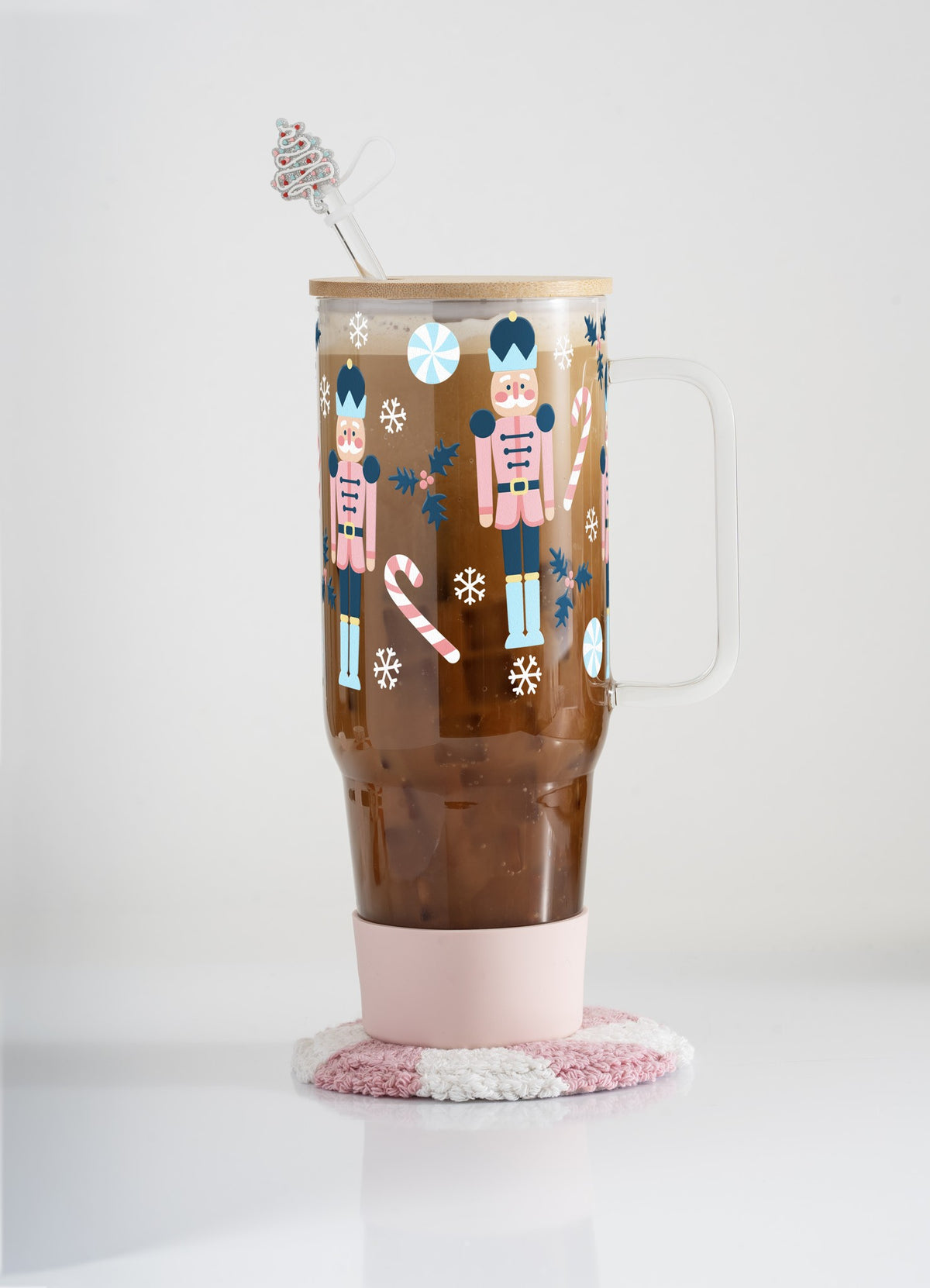 Pink Nutcracker 40oz glass tumbler with pink boot, pink peppermint mug rug and Christmas tree straw topper
