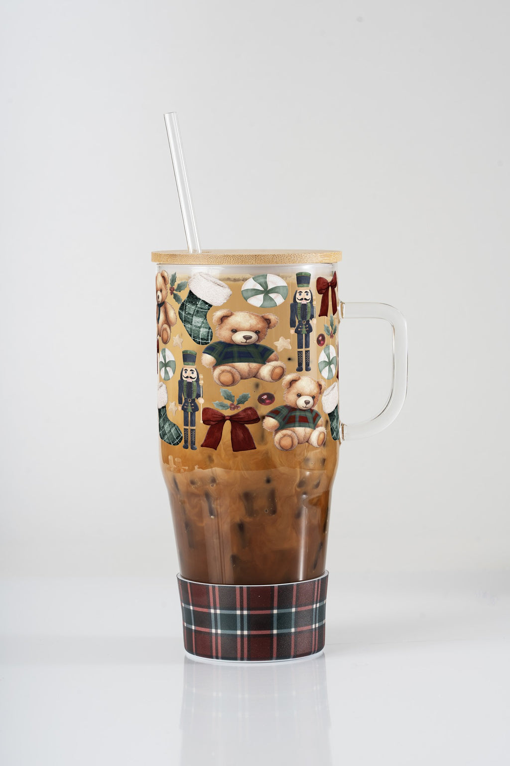 Plaid Teddy Christmas 32oz glass tumbler with plaid silicone boot, bamboo lid and straw