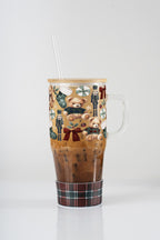 Plaid Teddy Christmas 32oz glass tumbler with plaid silicone boot, bamboo lid and straw