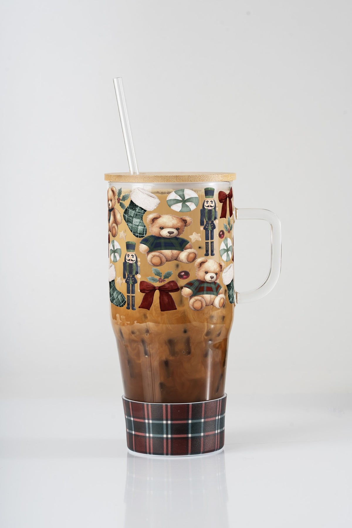 Plaid Teddy Christmas 32oz glass tumbler with plaid silicone boot, bamboo lid and straw