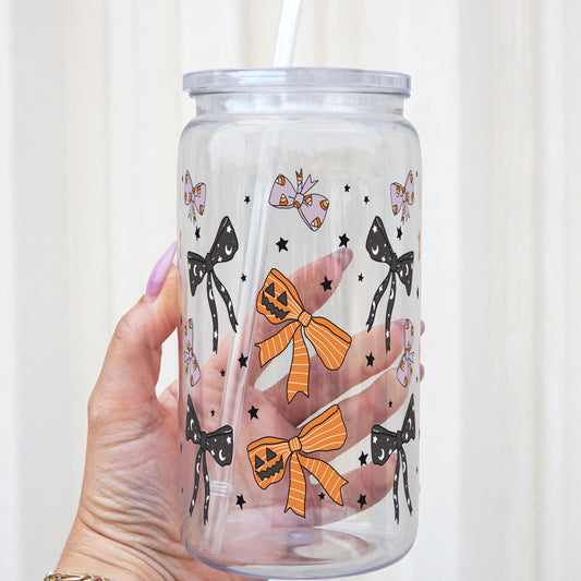 Halloween Bows 16oz Acrylic Plastic Cup with Clear  Plastic Lid