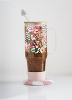 Pink Whimsical 40oz glass tumbler with pink boot, pink peppermint mug rug and Christmas tree straw topper