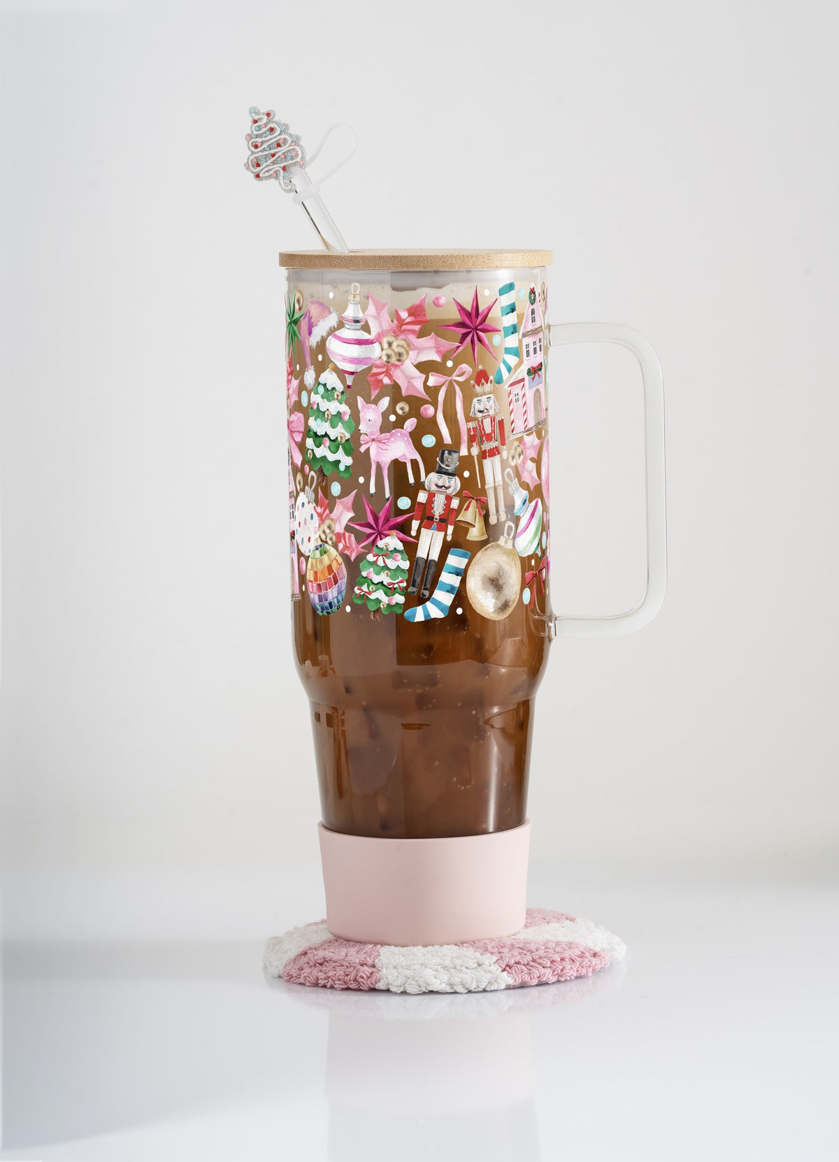 Pink Whimsical 40oz glass tumbler with pink boot, pink peppermint mug rug and Christmas tree straw topper