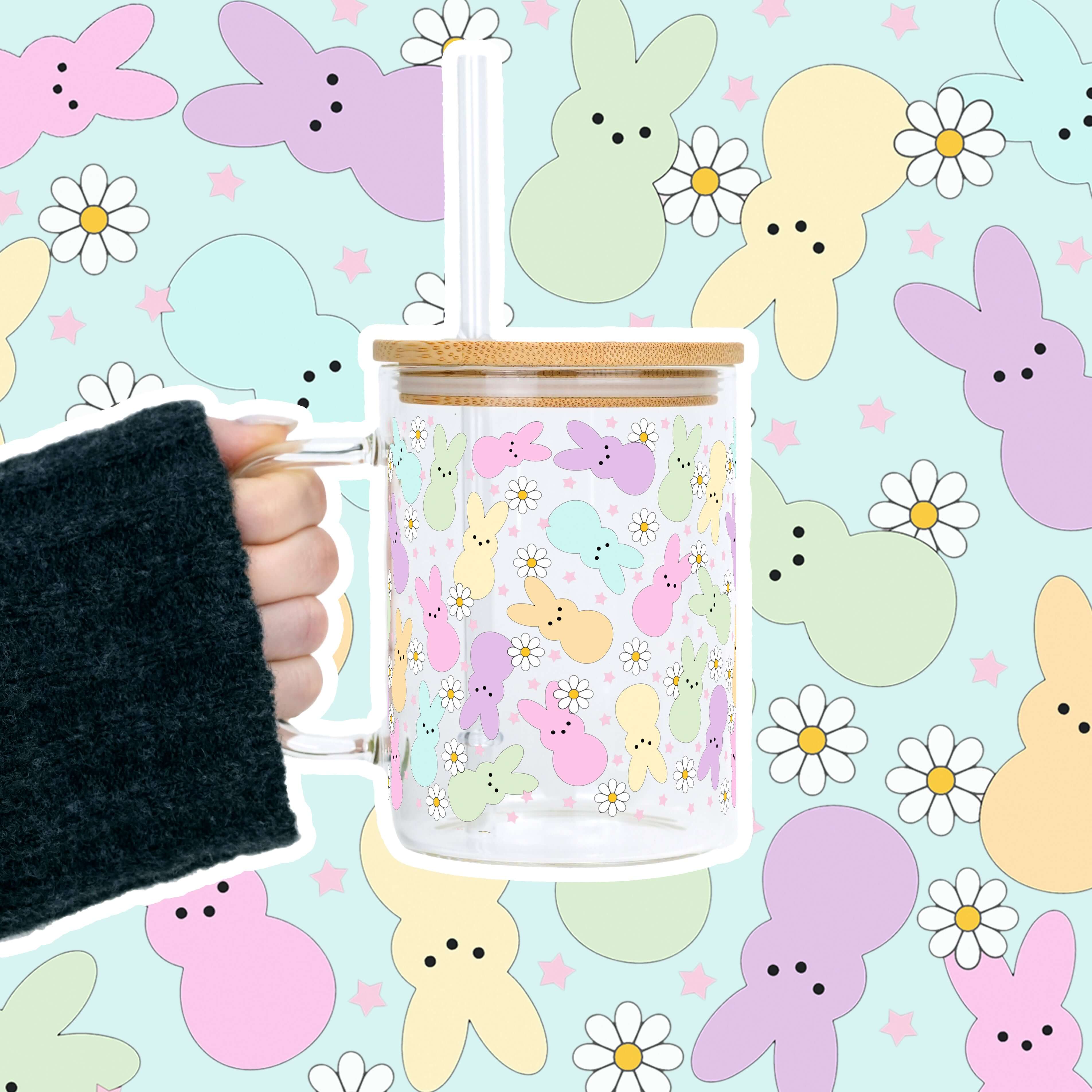 Pastel Bunny Cup 17oz Glass Mug With Lid and Straw