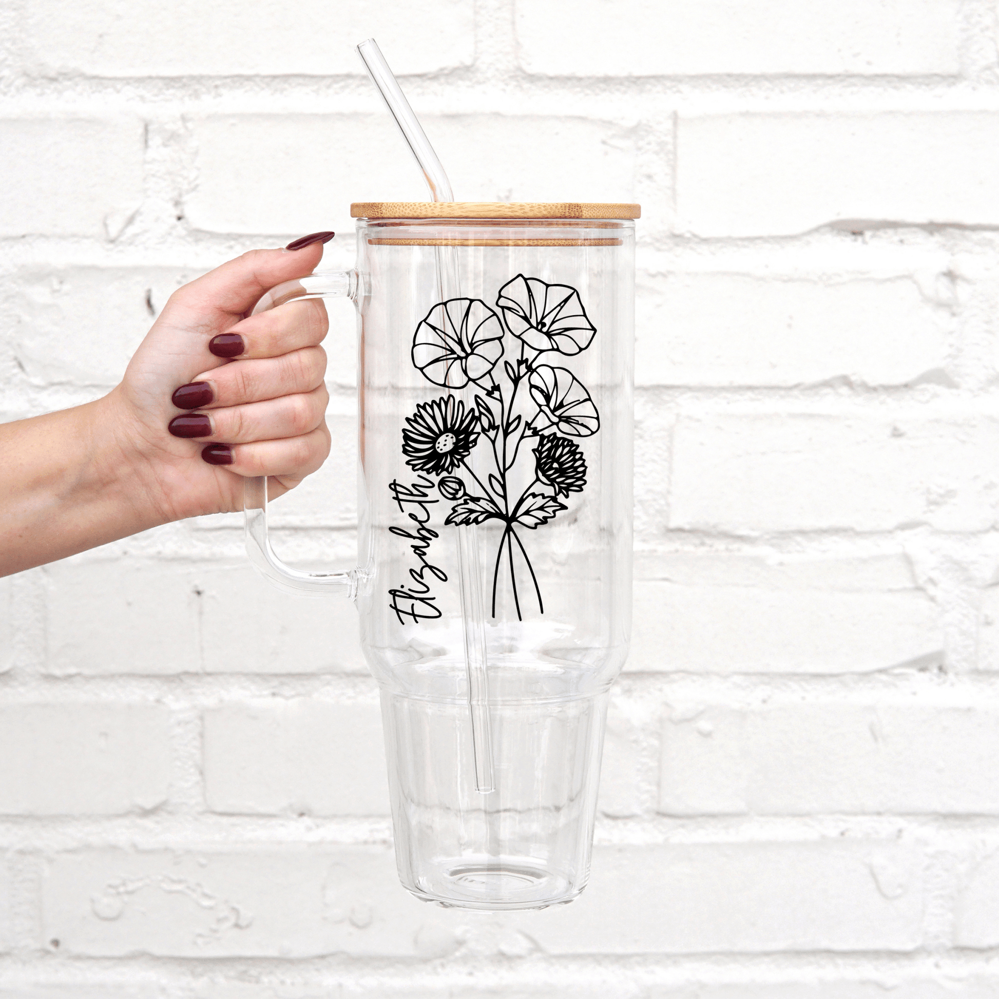 Personalized Birth Flower 40oz Glass or Plastic Tumbler With Lid and Straw from Sip Sip Hooray – Drinkware