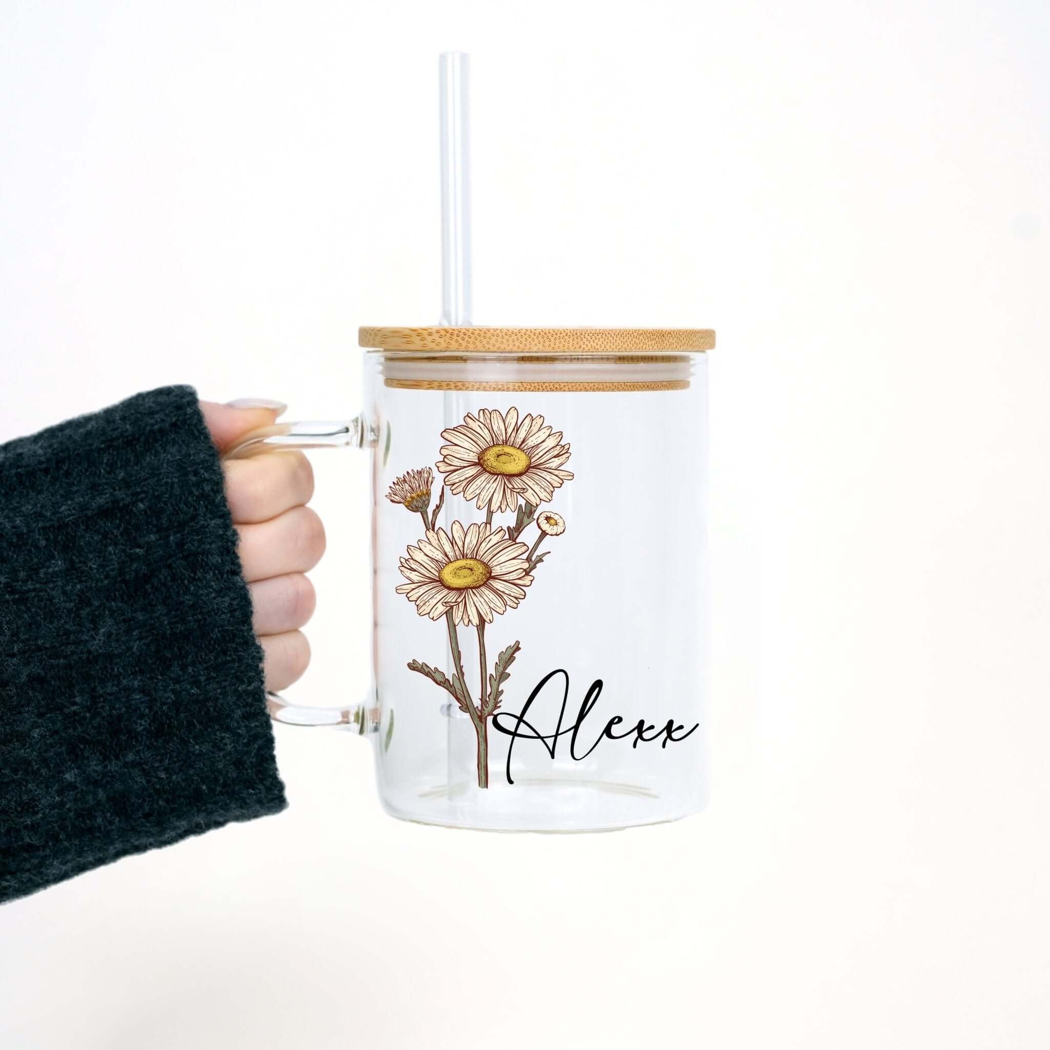 Personalized Color Birth Flower 17oz Glass Mug With Lid and Straw
