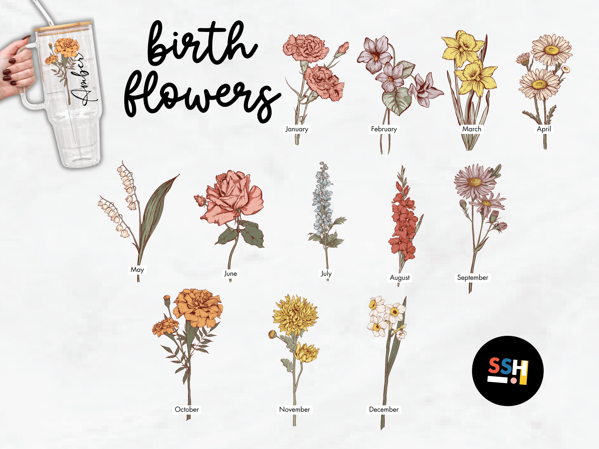 Personalized Color Birth Flower Cup with Lid and Straw from Sip Sip Hooray – Tumblers