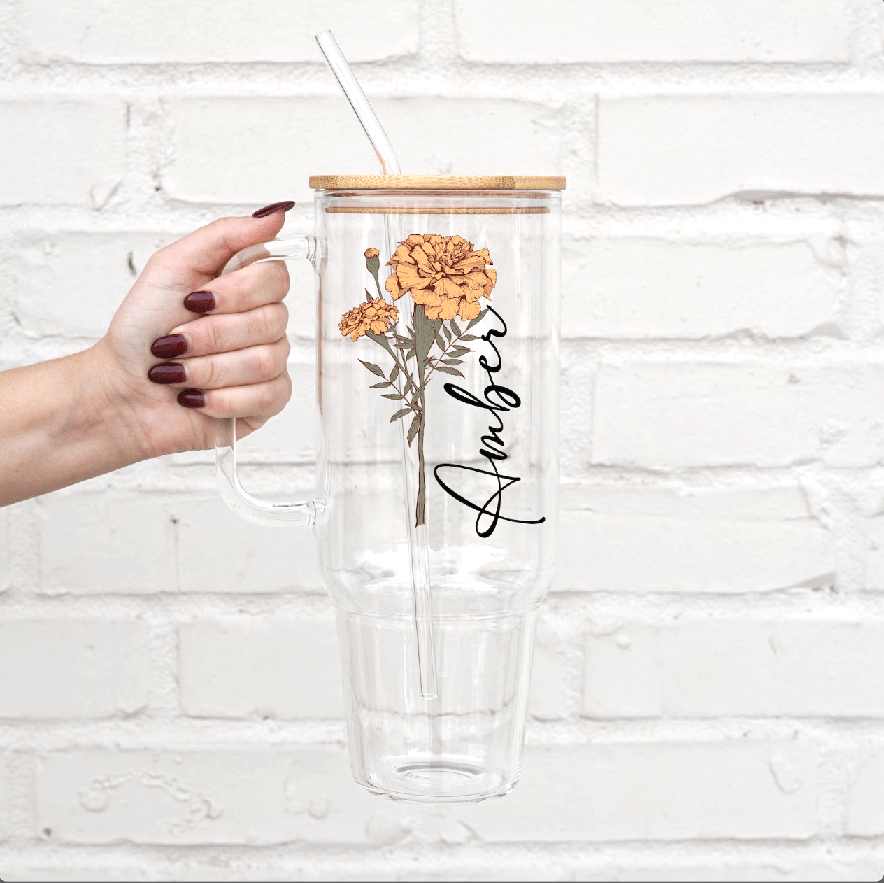 Personalized Color Birth Flower Tumbler With Lid and Straw