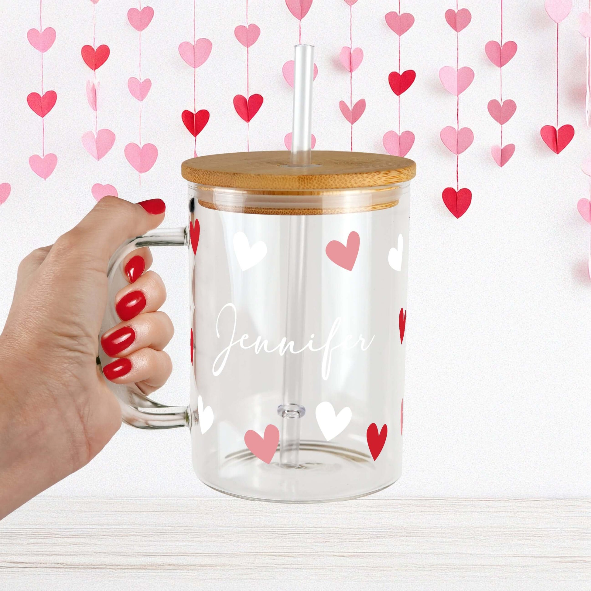Personalized Hearts 17oz Glass Mug with Lid and Straw from Sip Sip Hooray – Mugs