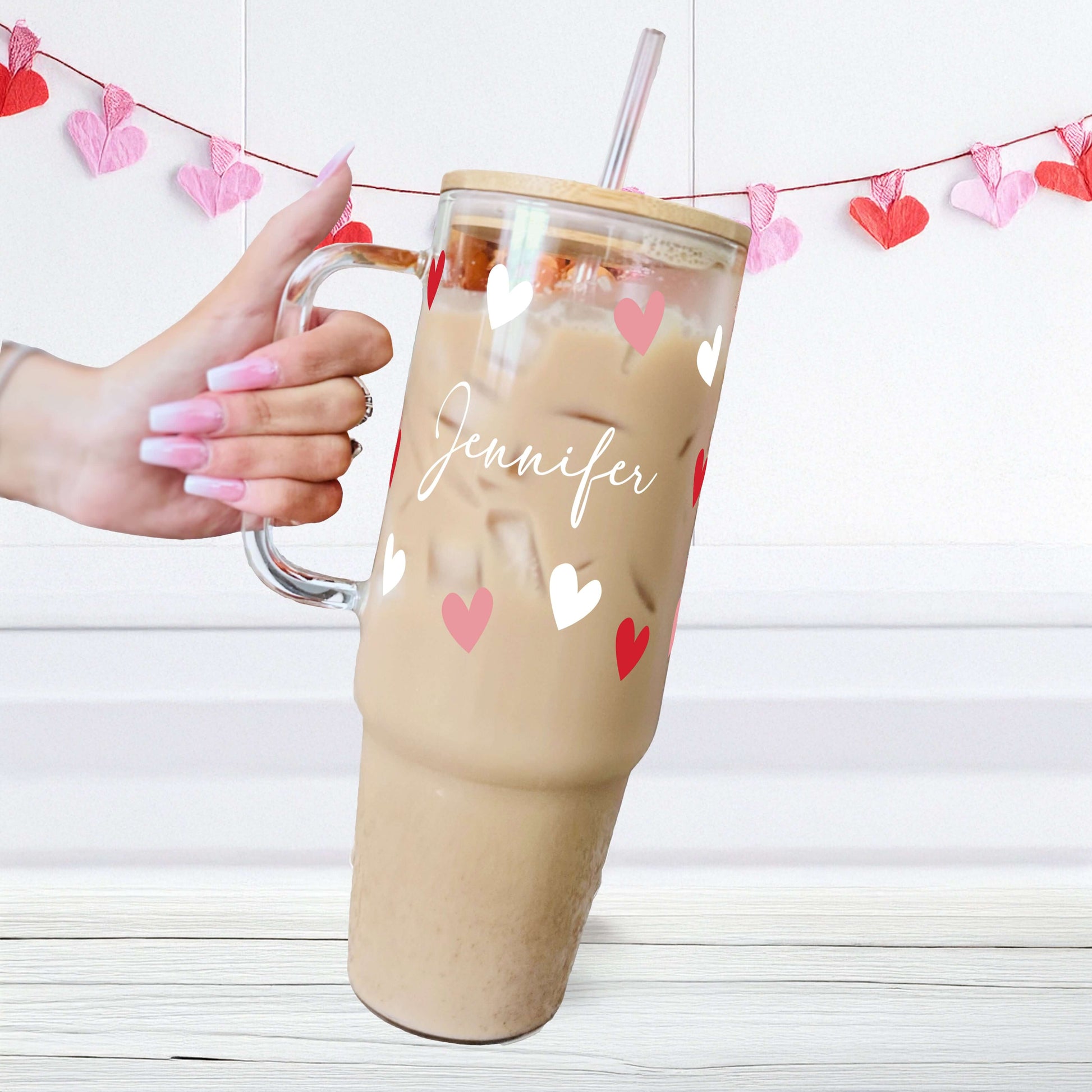 Personalized Hearts Glass or Plastic Tumbler with Lid and Straw from Sip Sip Hooray – Tumblers