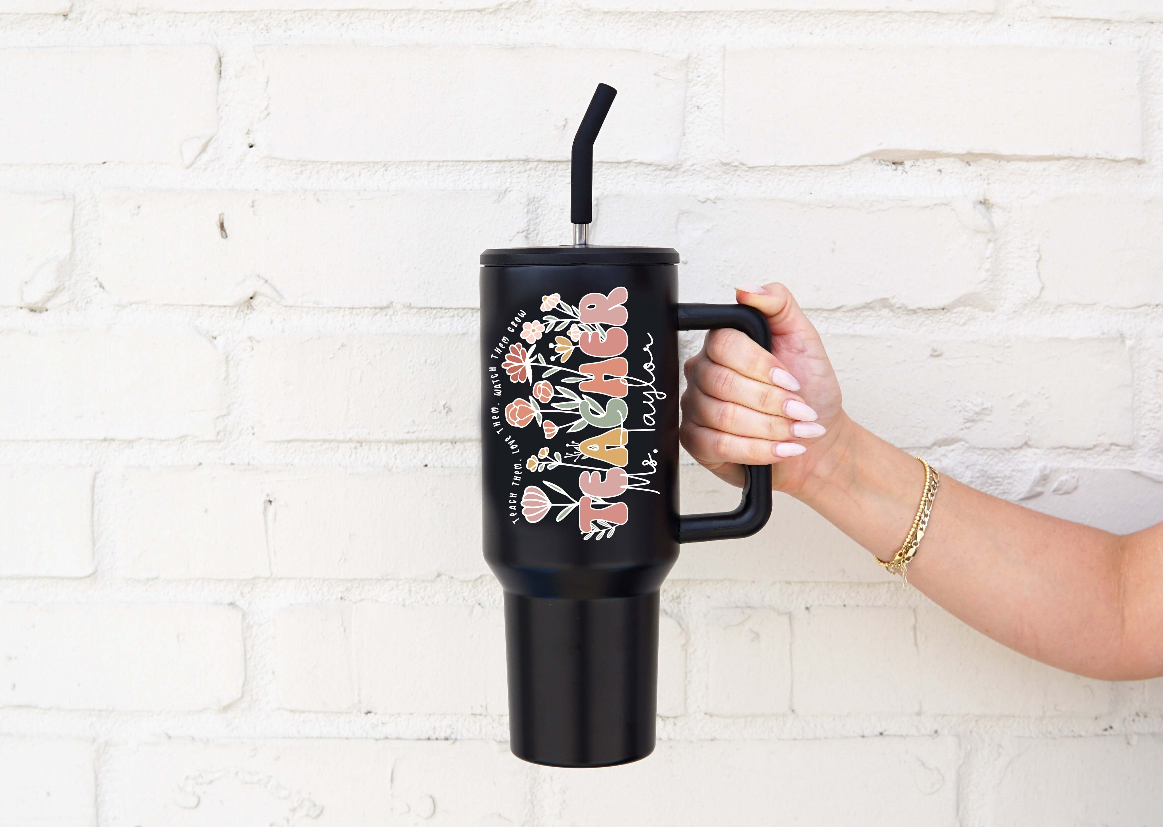 Personalized Teacher 40oz Metal Tumbler With Lid and Straw