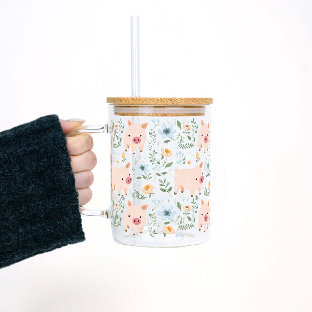 Piggy Floral 17oz Mug With Lid and Straw