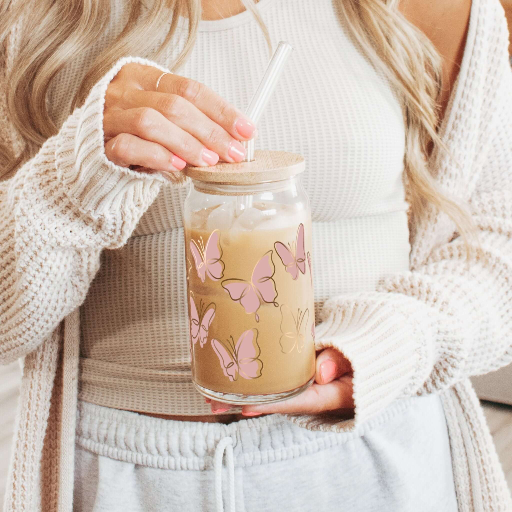 Pink Butterflies Cup With Lid and Straw