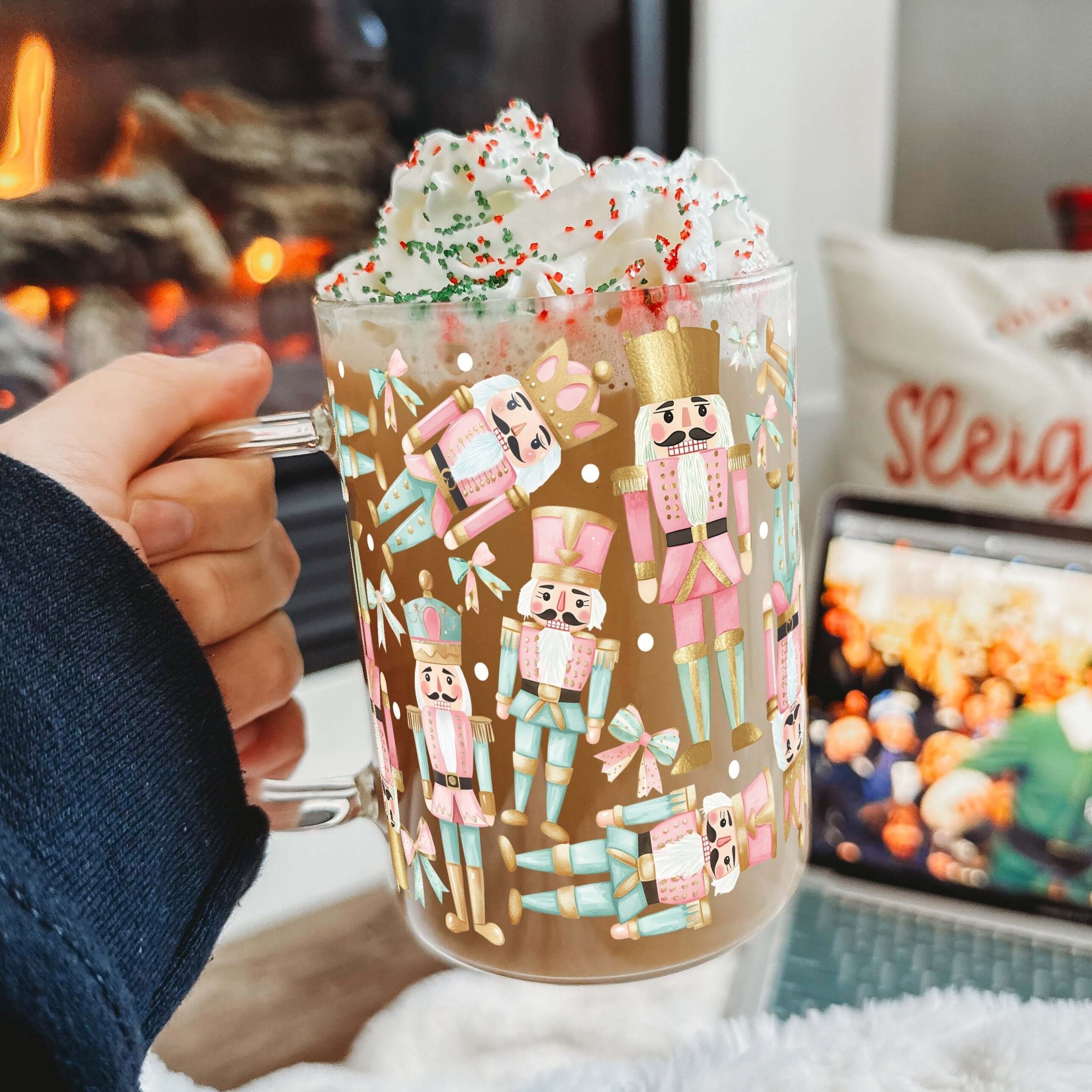 Pink Christmas Nutcracker 17oz Glass Mug With Lid and Straw