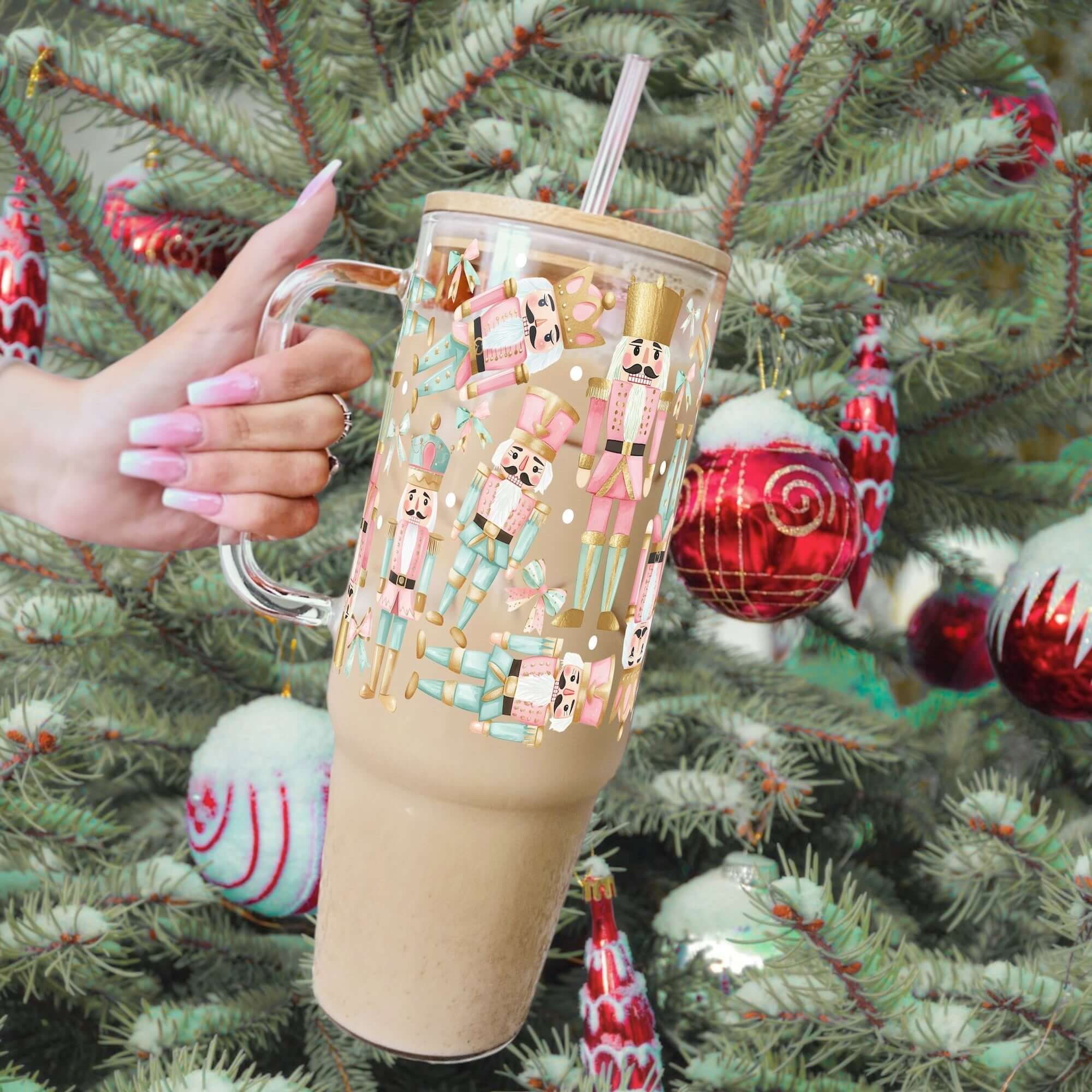 Pink Christmas Nutcracker  Tumbler With Lid and Straw