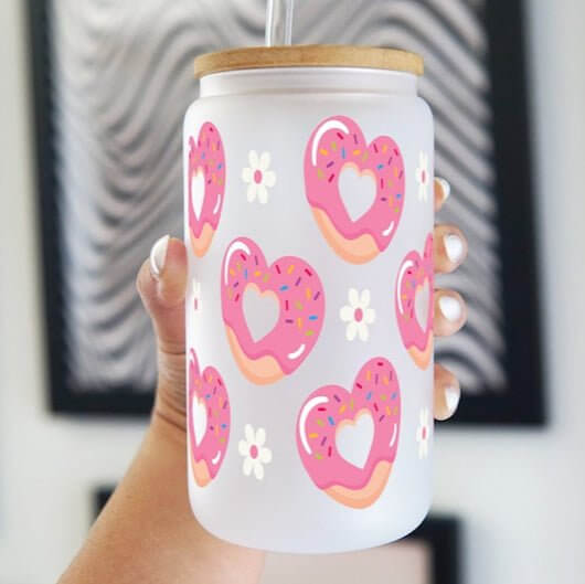 Pink Donut Heart Can Cup With Lid and Straw