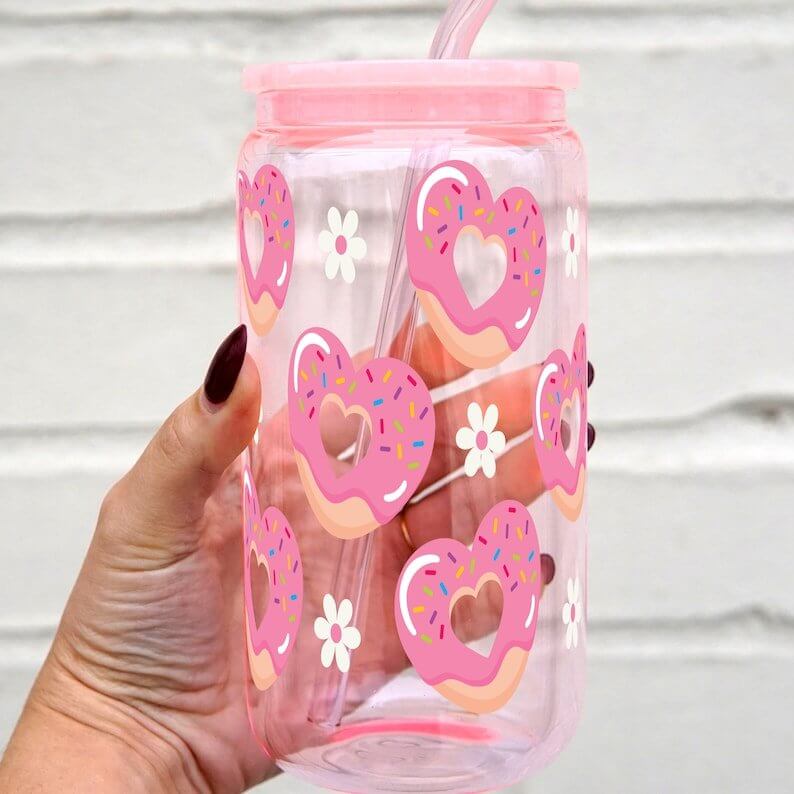 Pink Donut Heart Can Cup With Lid and Straw