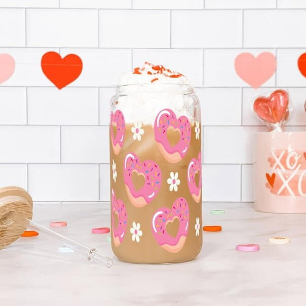 Pink Donut Heart Can Cup With Lid and Straw from Sip Sip Hooray – Tumblers