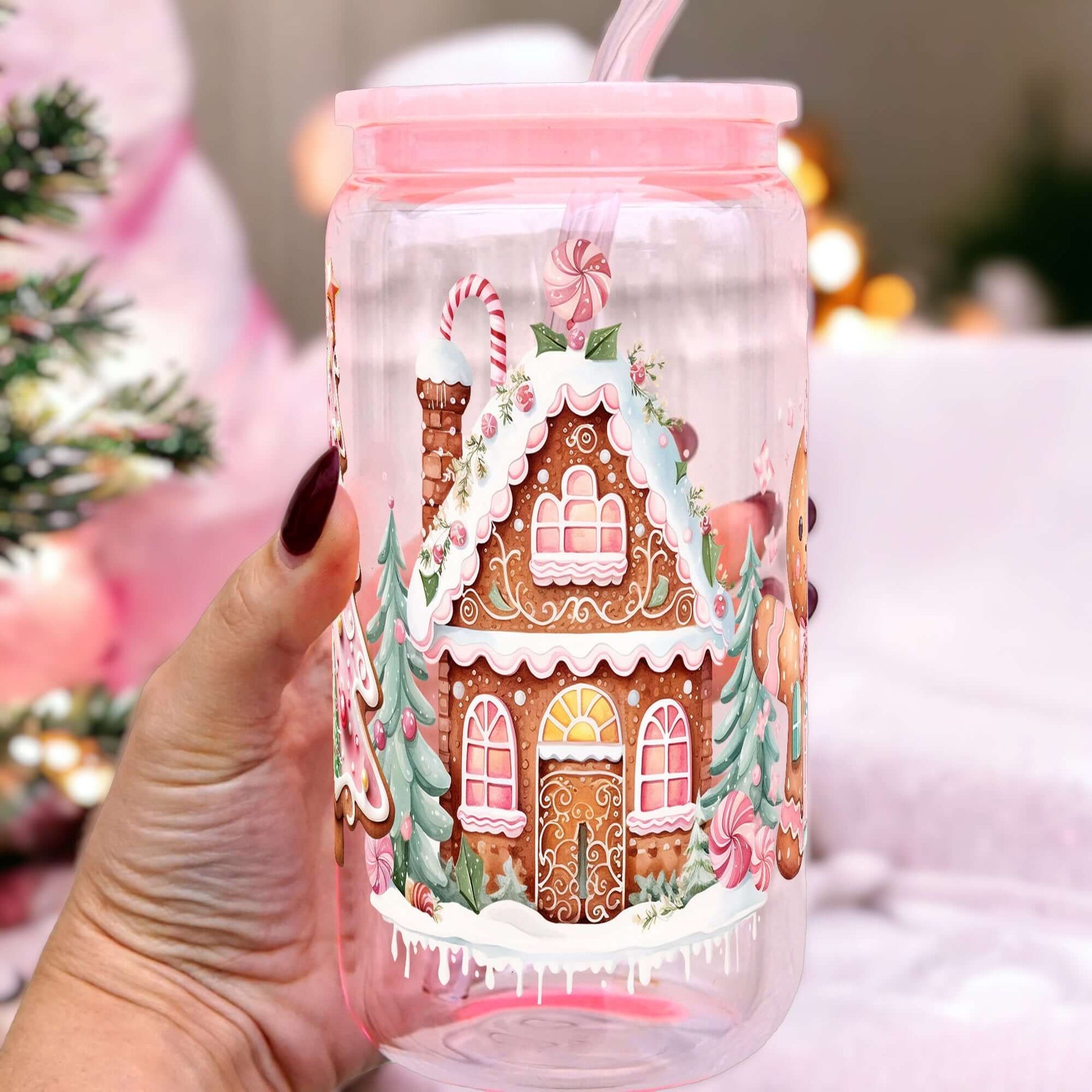 Pink Gingerbread House Cup With Lid and Straw from Sip Sip Hooray – Mugs