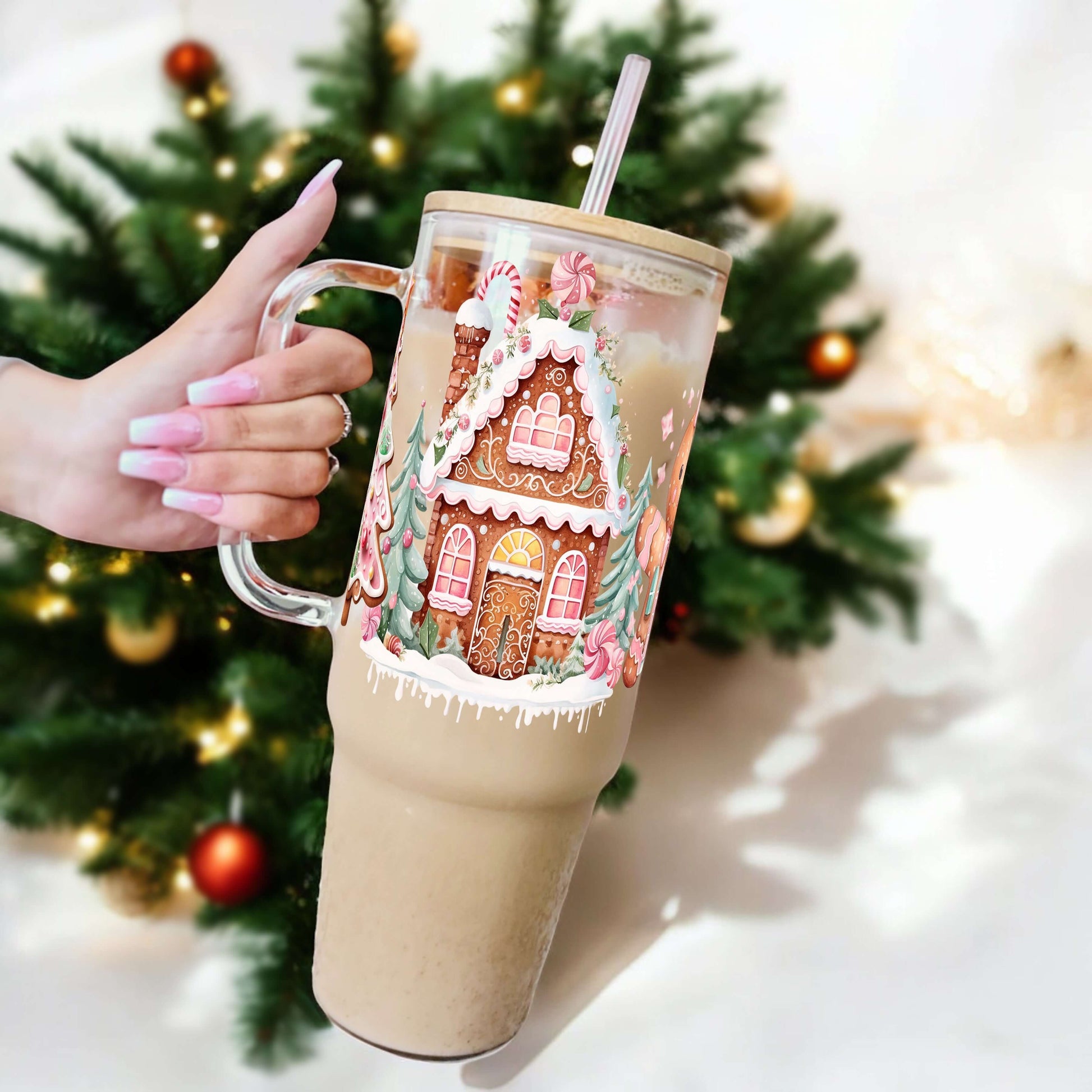 Pink Gingerbread House 40oz Glass Or Plastic Tumbler With Lid and Straw from Sip Sip Hooray – Tumblers
