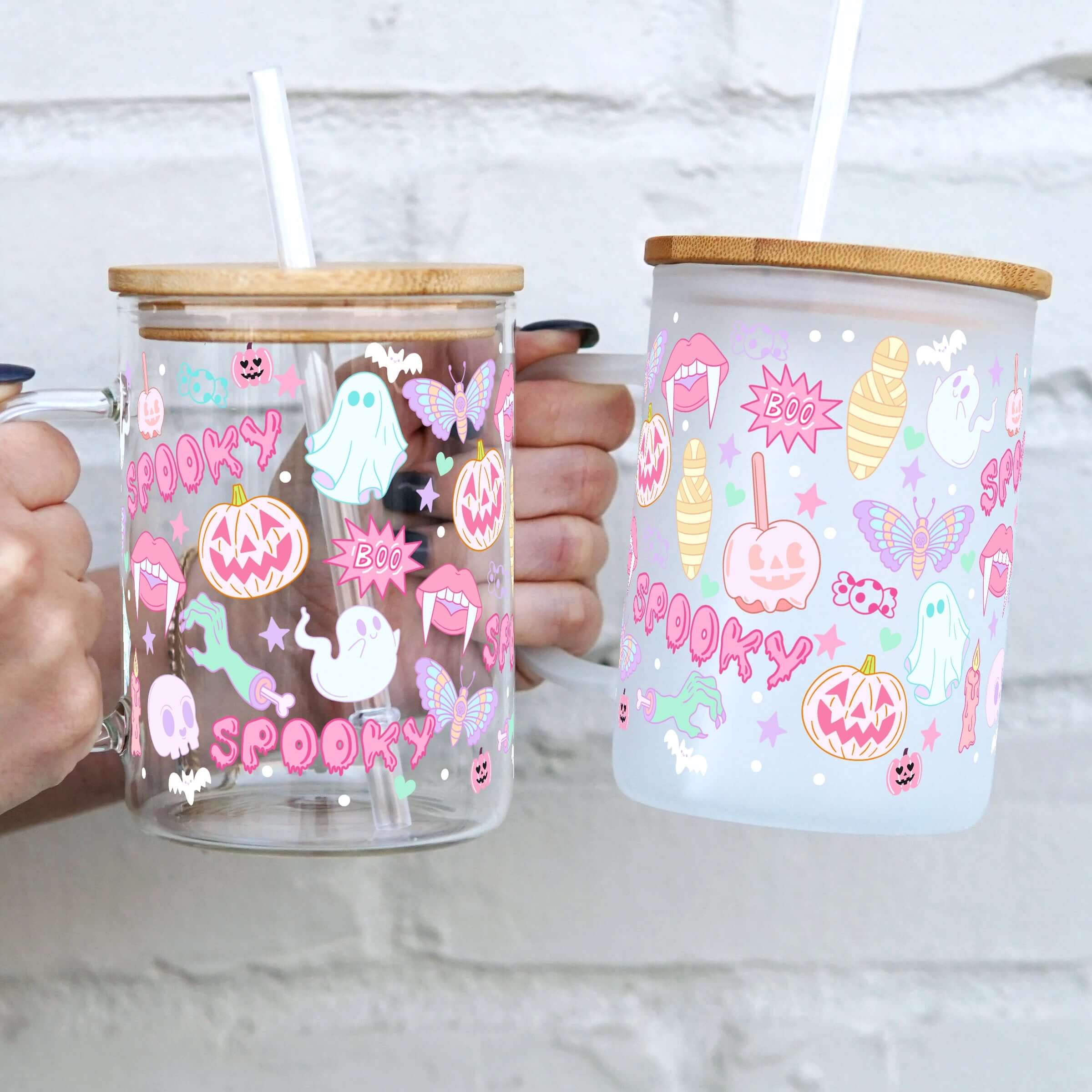 Pink Halloween 17oz Glass Mug With Lid and Straw