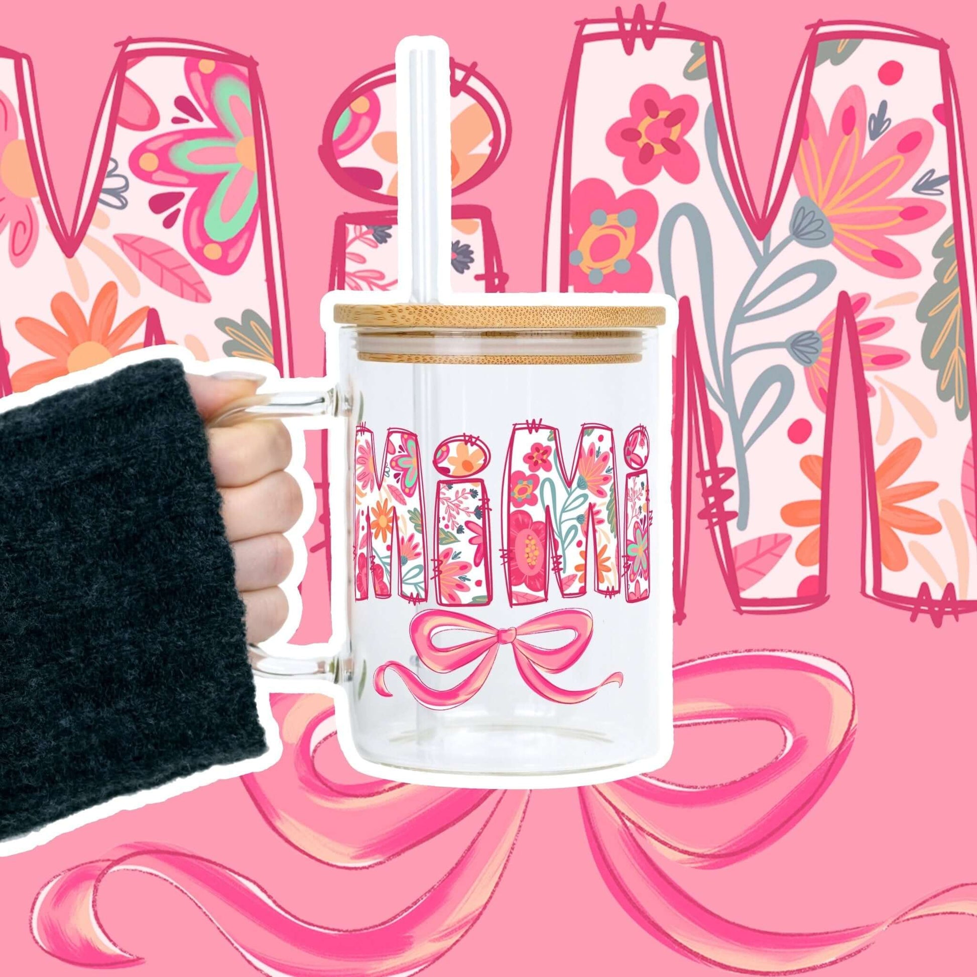 Pink Mimi, Gigi, or Nana 17oz Glass Mug With Lid and Straw from Sip Sip Hooray – Mugs