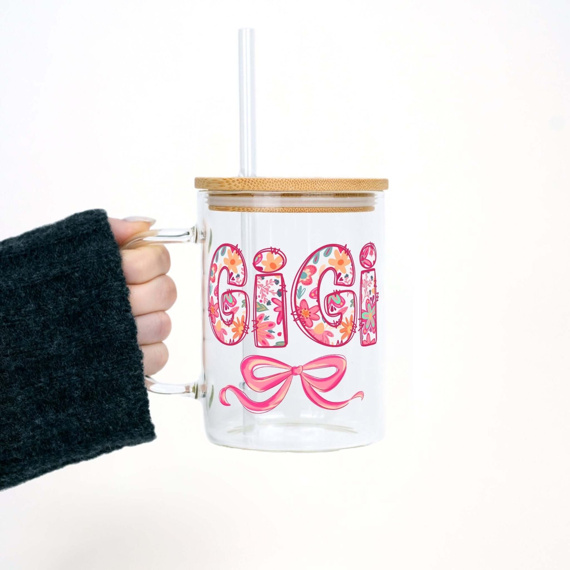 Pink Mimi, Gigi, or Nana 17oz Glass Mug With Lid and Straw from Sip Sip Hooray – Mugs