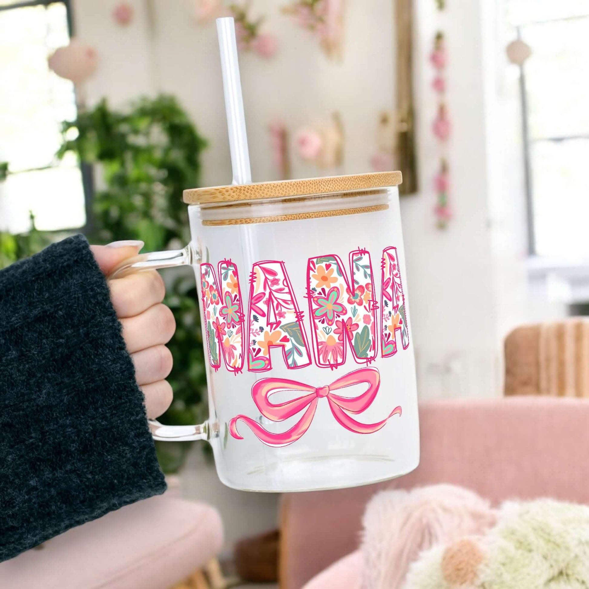 Pink Mimi, Gigi, or Nana 17oz Glass Mug With Lid and Straw from Sip Sip Hooray – Mugs