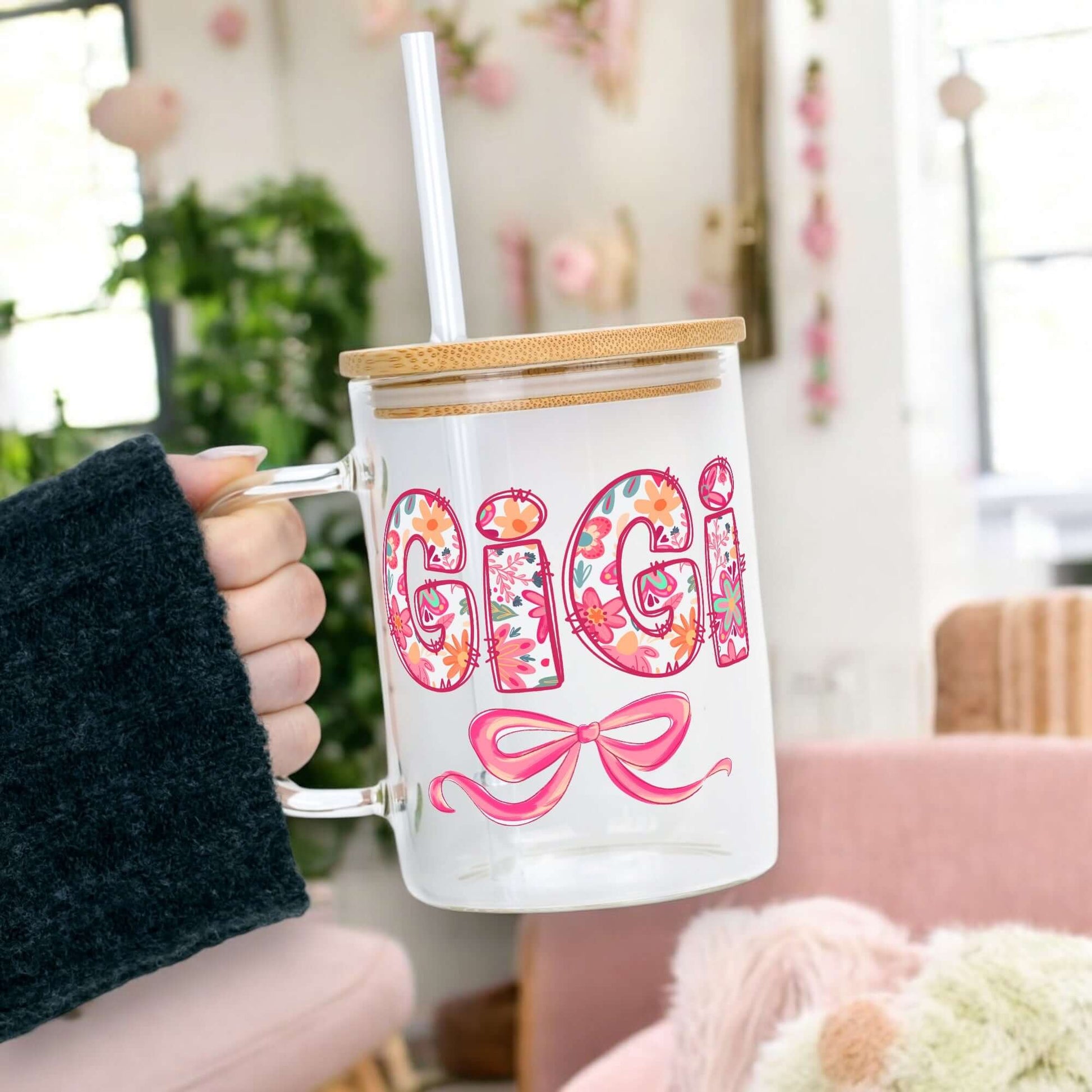 Pink Mimi, Gigi, or Nana 17oz Glass Mug With Lid and Straw from Sip Sip Hooray – Mugs