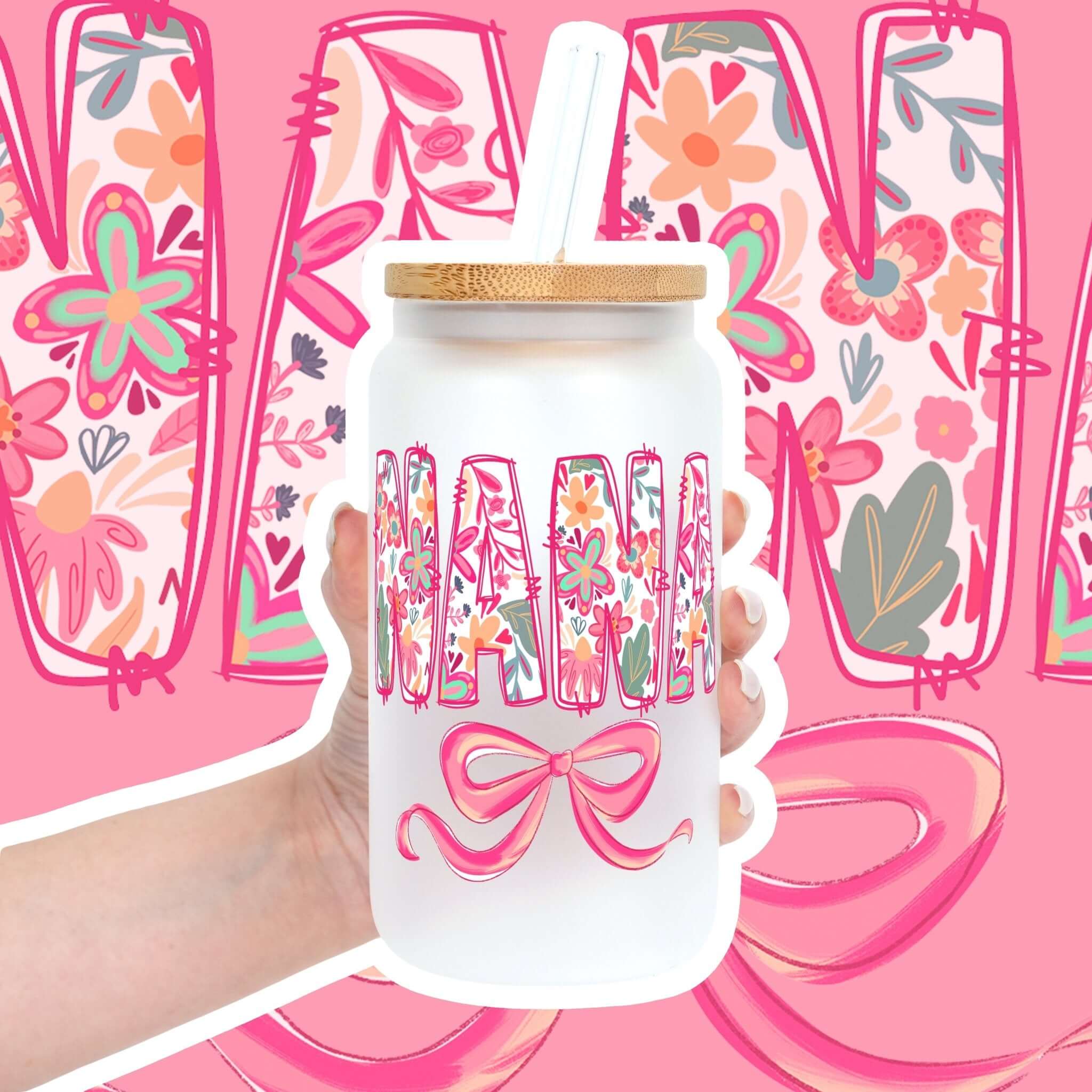 Pink Mimi, Gigi, or Nana Cup With Lid and Straw