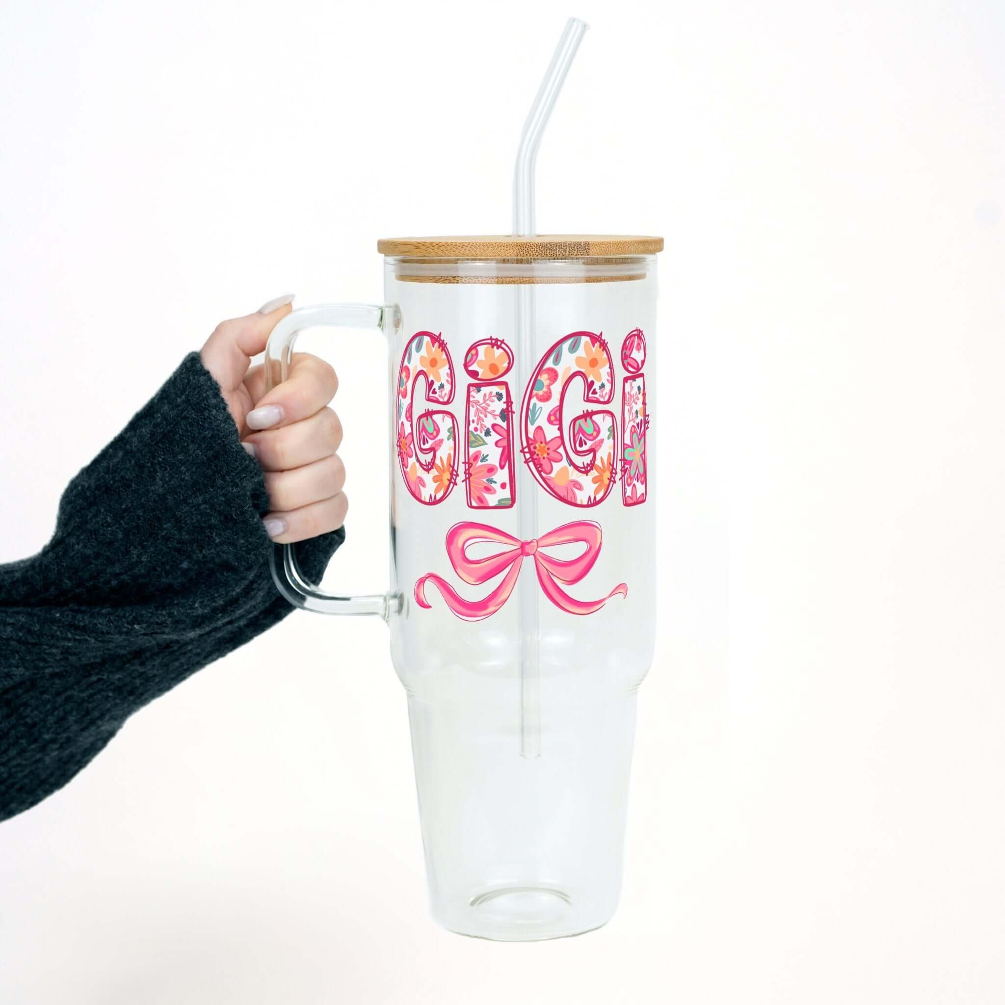 Pink Mimi, Gigi, or Nana Tumbler With Handle Lid and Straw