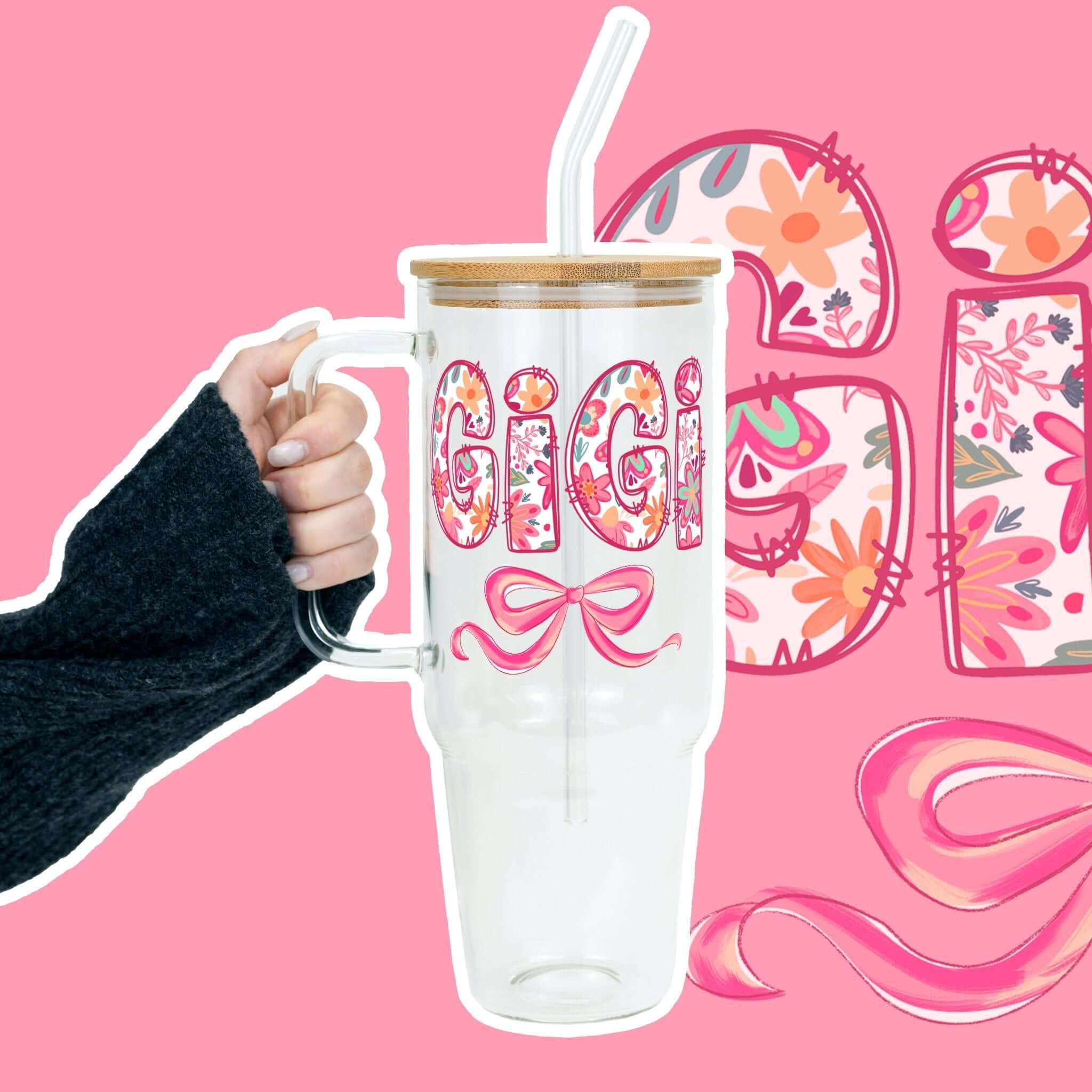 Pink Mimi, Gigi, or Nana Tumbler With Handle Lid and Straw
