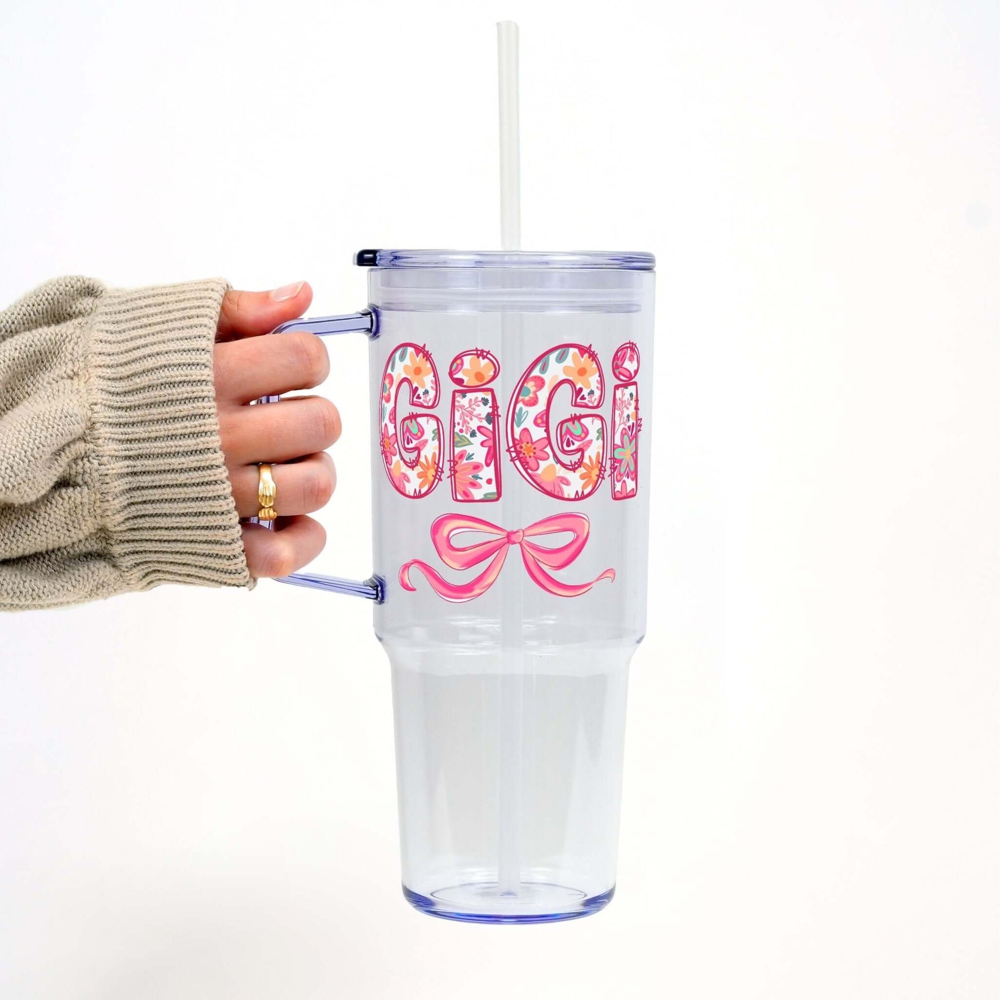 Pink Mimi, Gigi, or Nana 40oz Tumbler With Handle Lid and Straw from Sip Sip Hooray – Drinkware