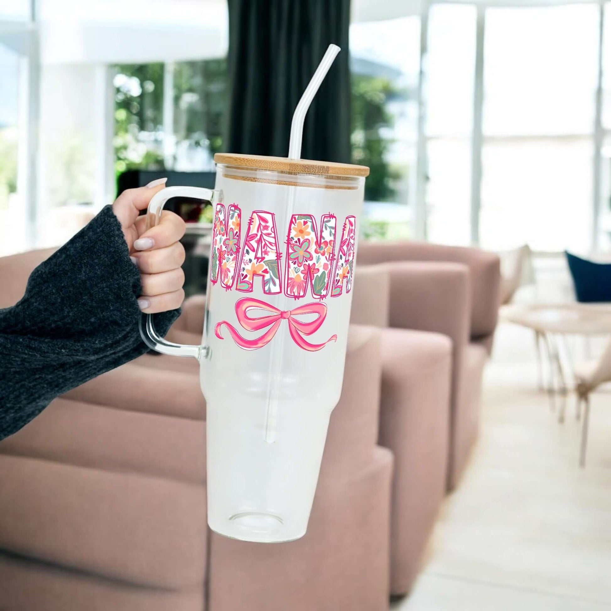 Pink Mimi, Gigi, or Nana 40oz Tumbler With Handle Lid and Straw from Sip Sip Hooray – Drinkware