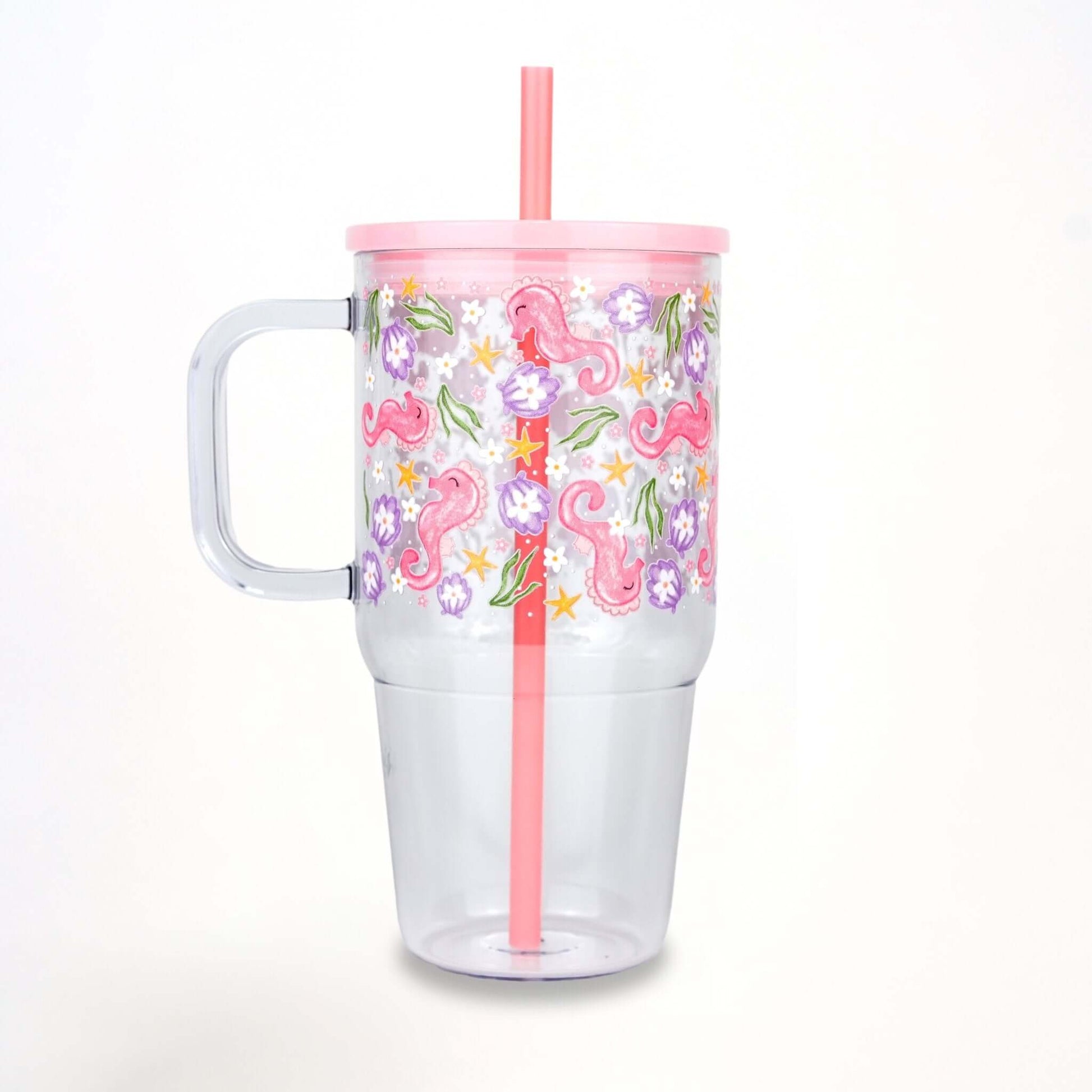 Pink Seahorses & Sea Flowers 20oz Kids Tumbler with Handle, Lid & Straw from Sip Sip Hooray – Drinkware