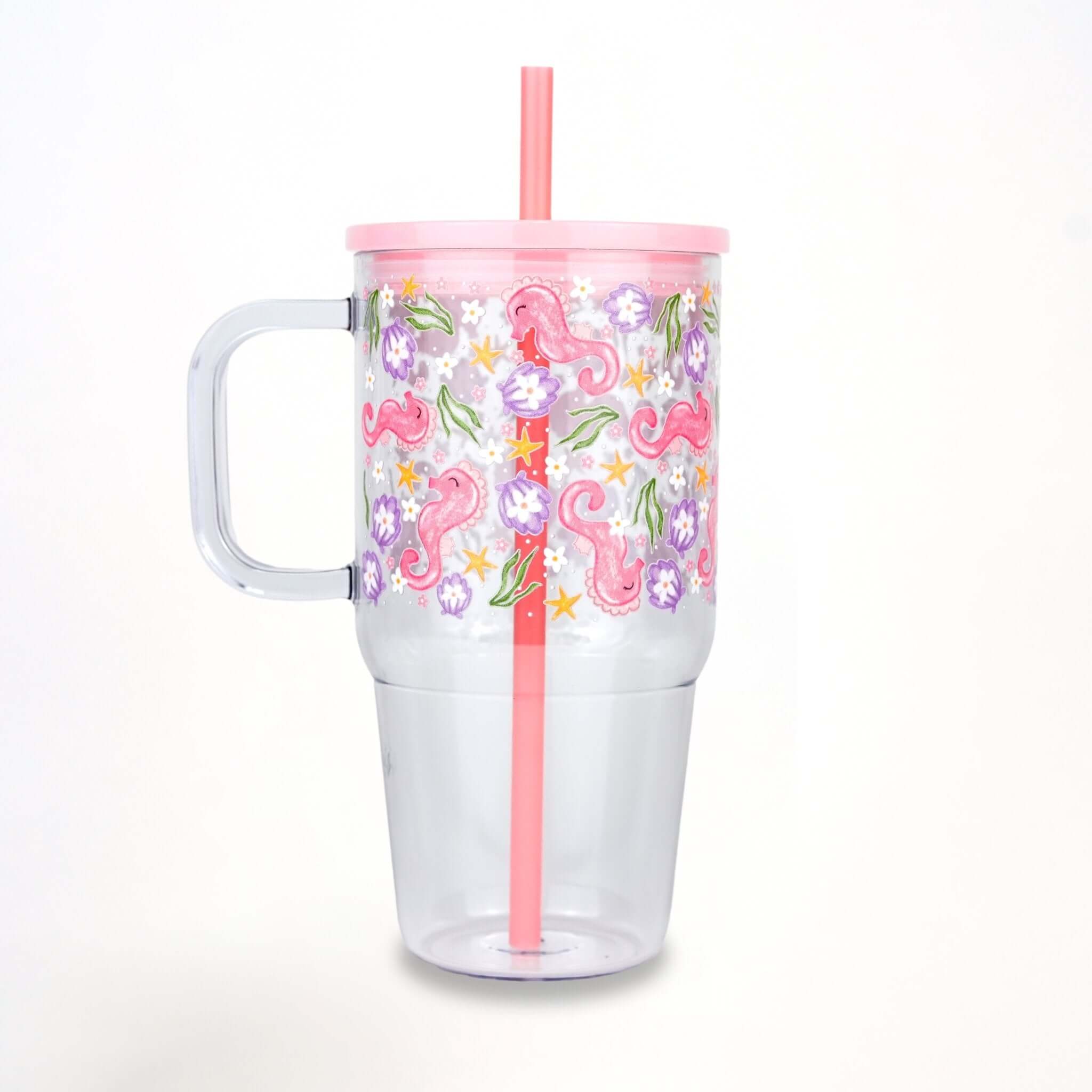 Pink Seahorses & Sea Flowers 20oz Kids Tumbler with Handle, Lid & Straw