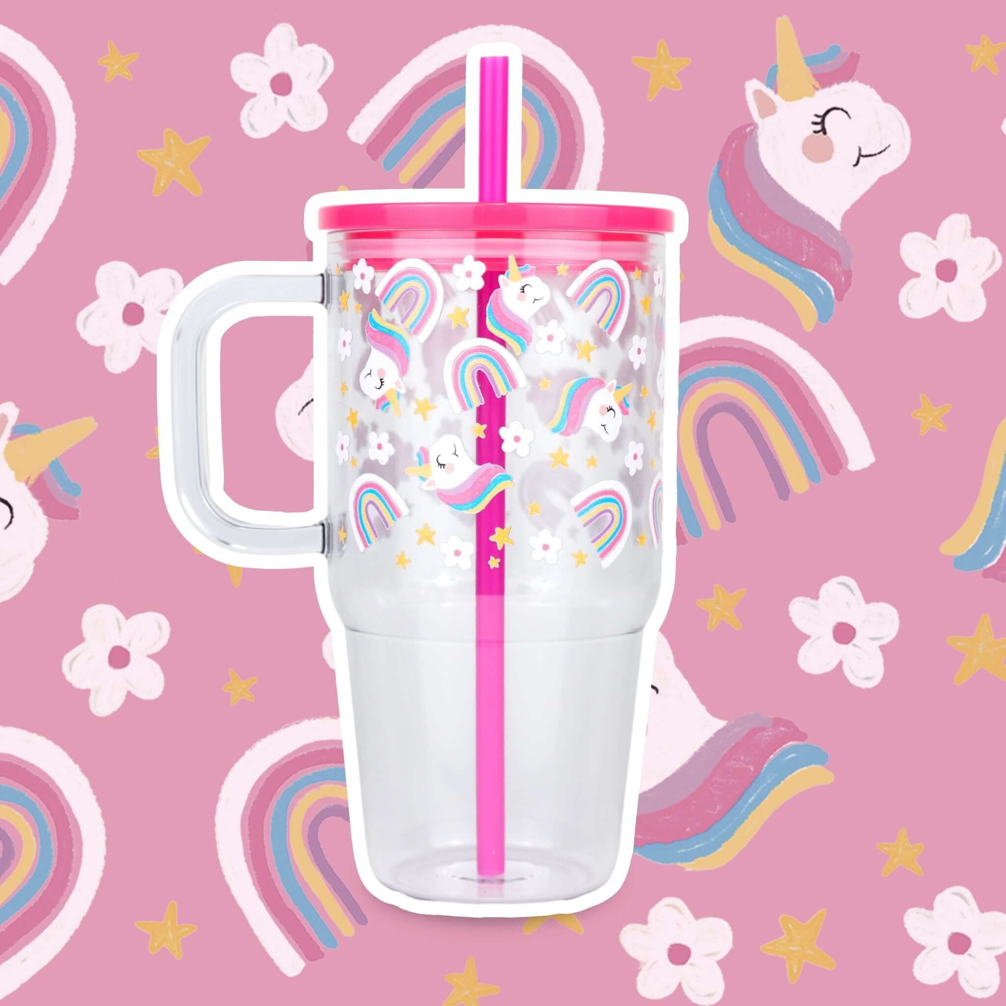 Pink Unicorns, Rainbows & Stars 20oz Kids Tumbler with Handle, Lid & Straw