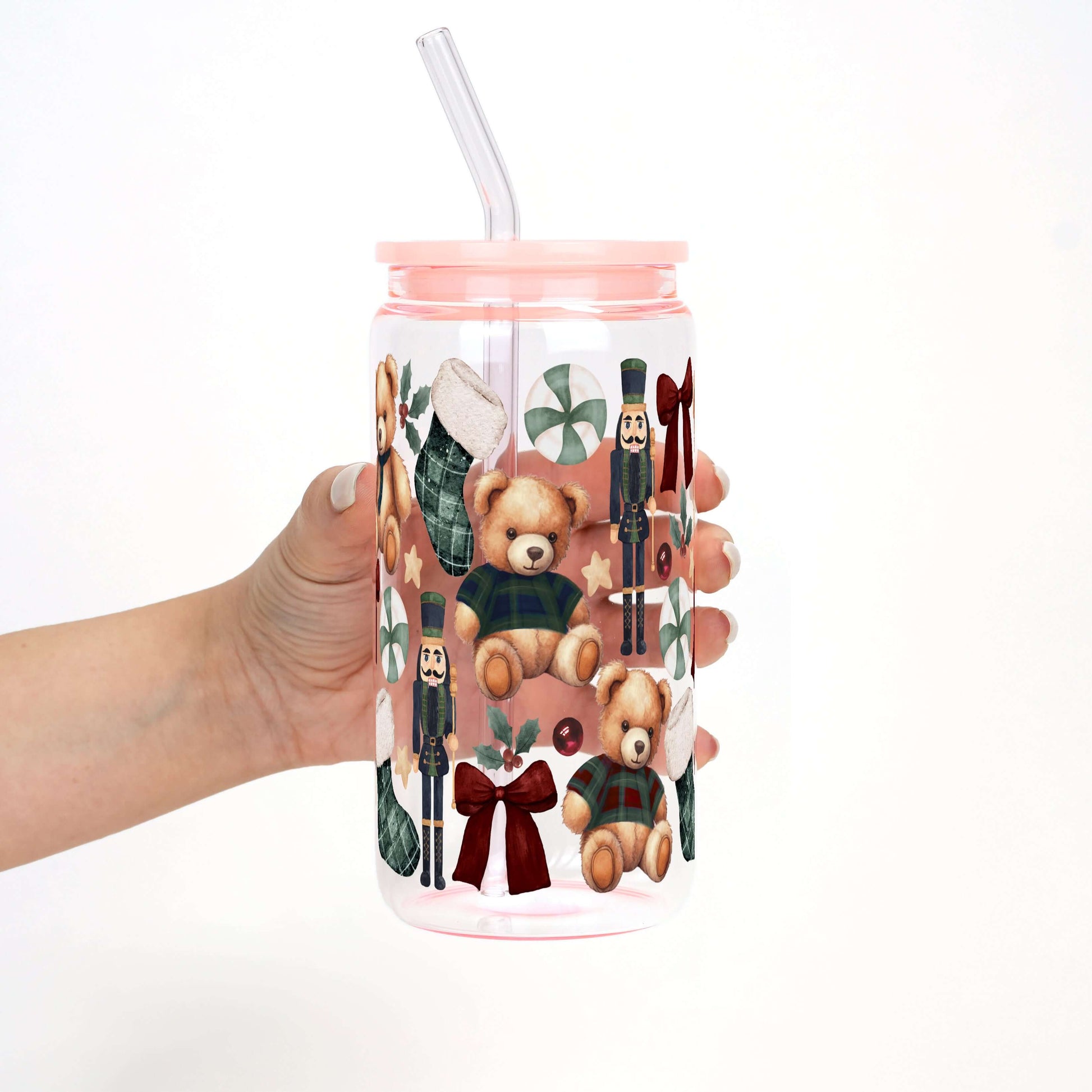 Plaid Teddy Christmas 16oz Glass Can Cup with Lid & Straw | Sip Sip Hooray