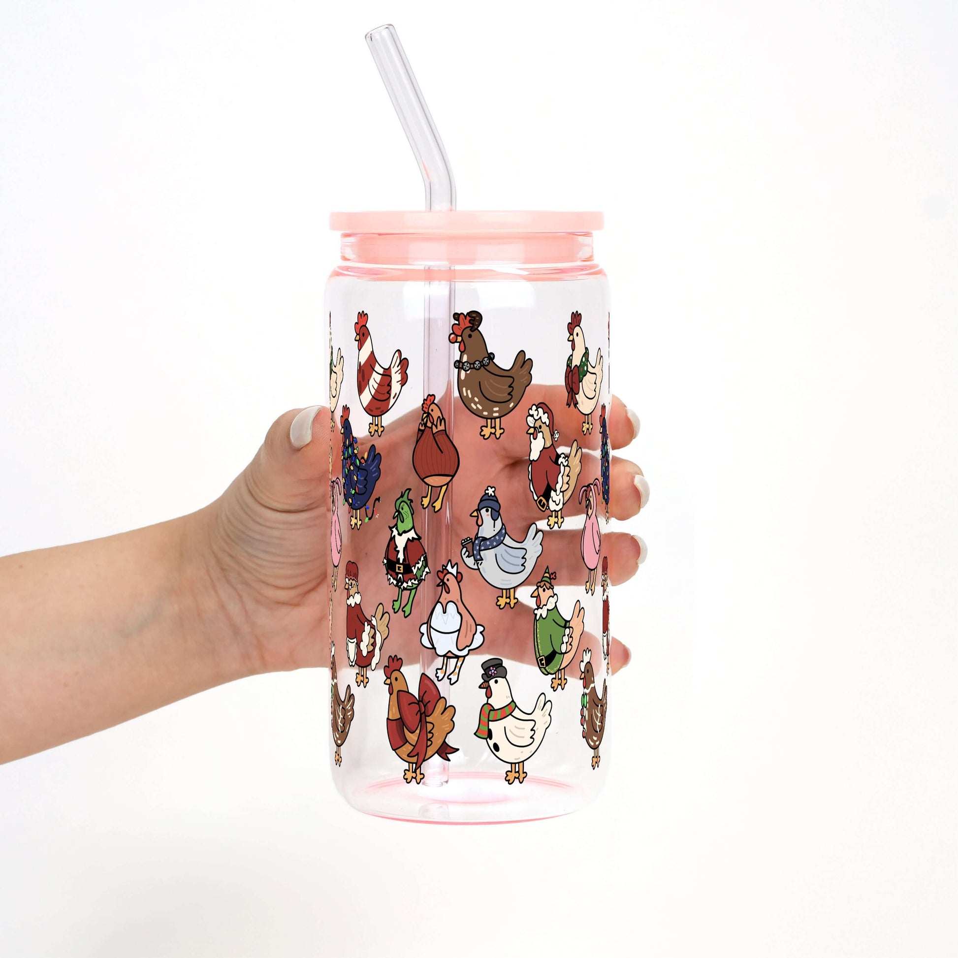 Festive Flock Christmas 16oz Glass Can Cup with Lid & Straw | Sip Sip Hooray
