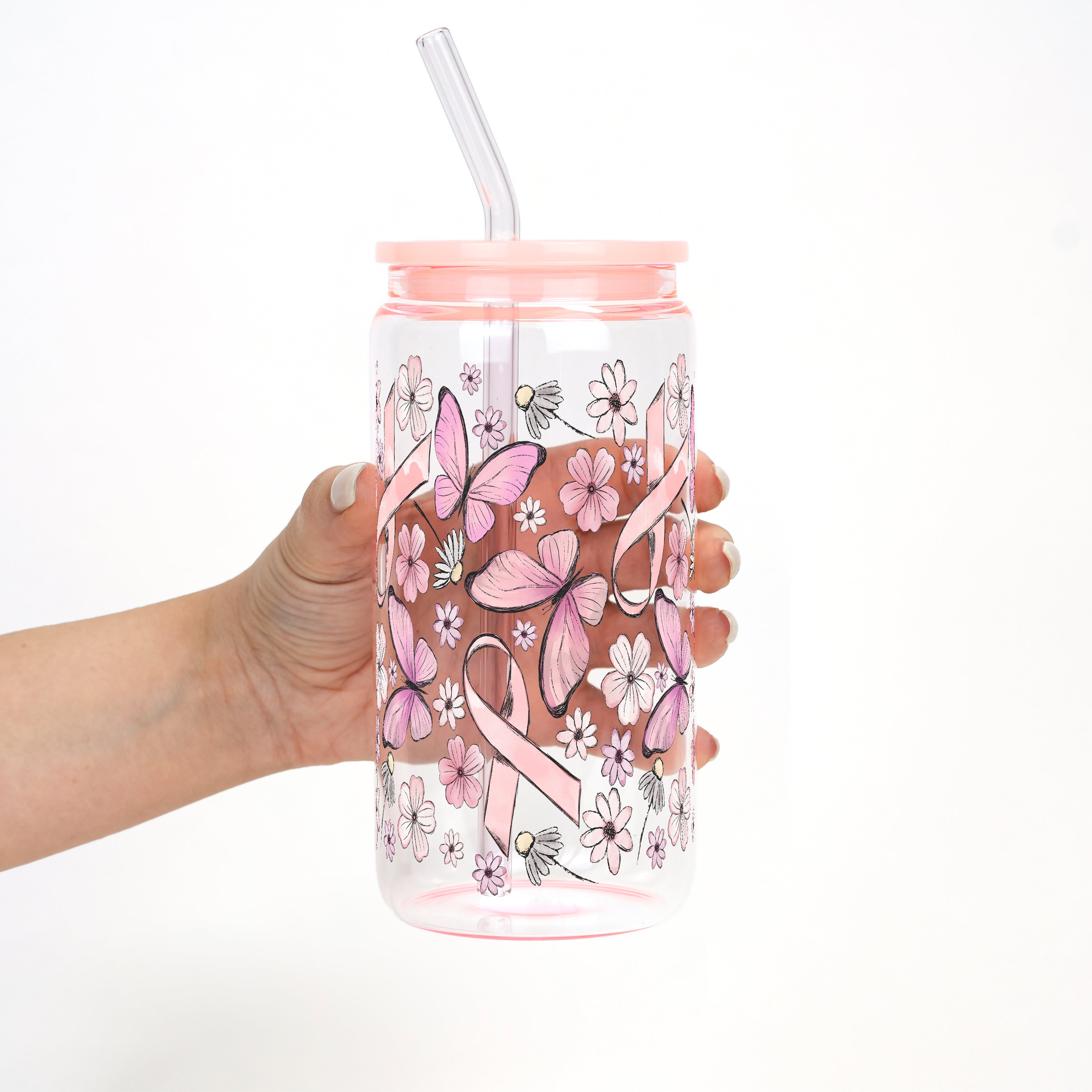 Pink Ribbon Cup With Lid and Straw