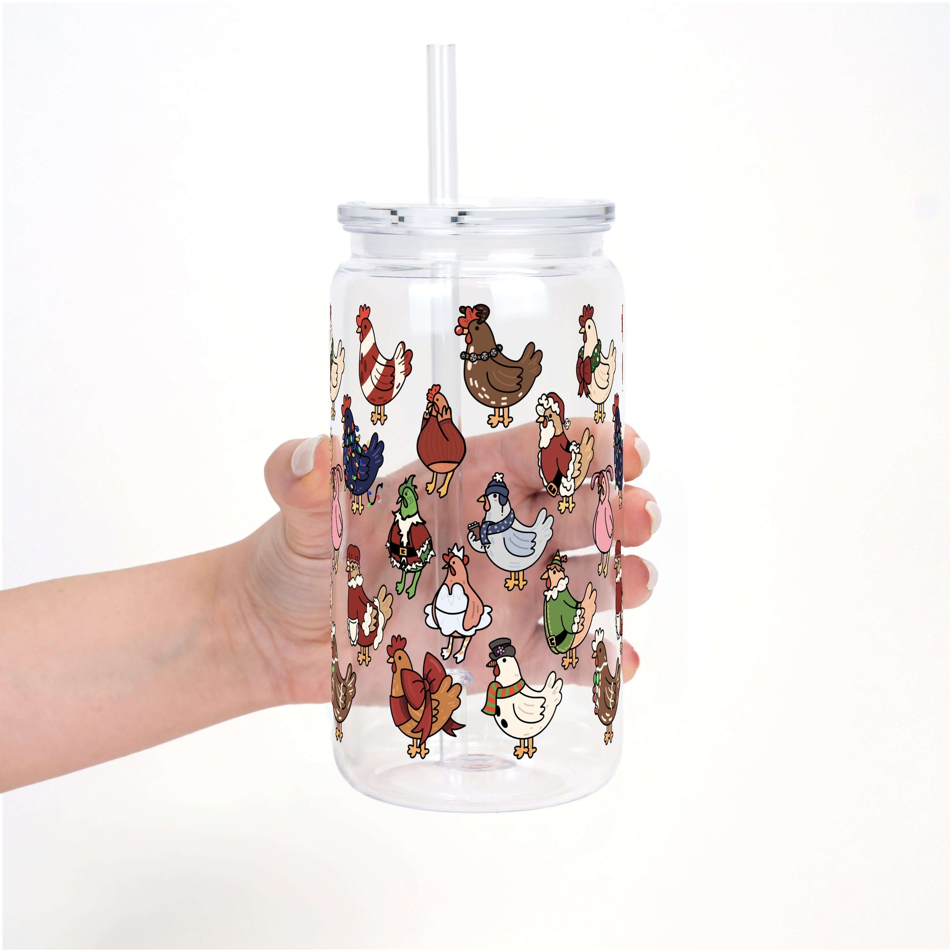 Festive Flock Christmas 16oz Glass Can Cup with Lid & Straw | Sip Sip Hooray