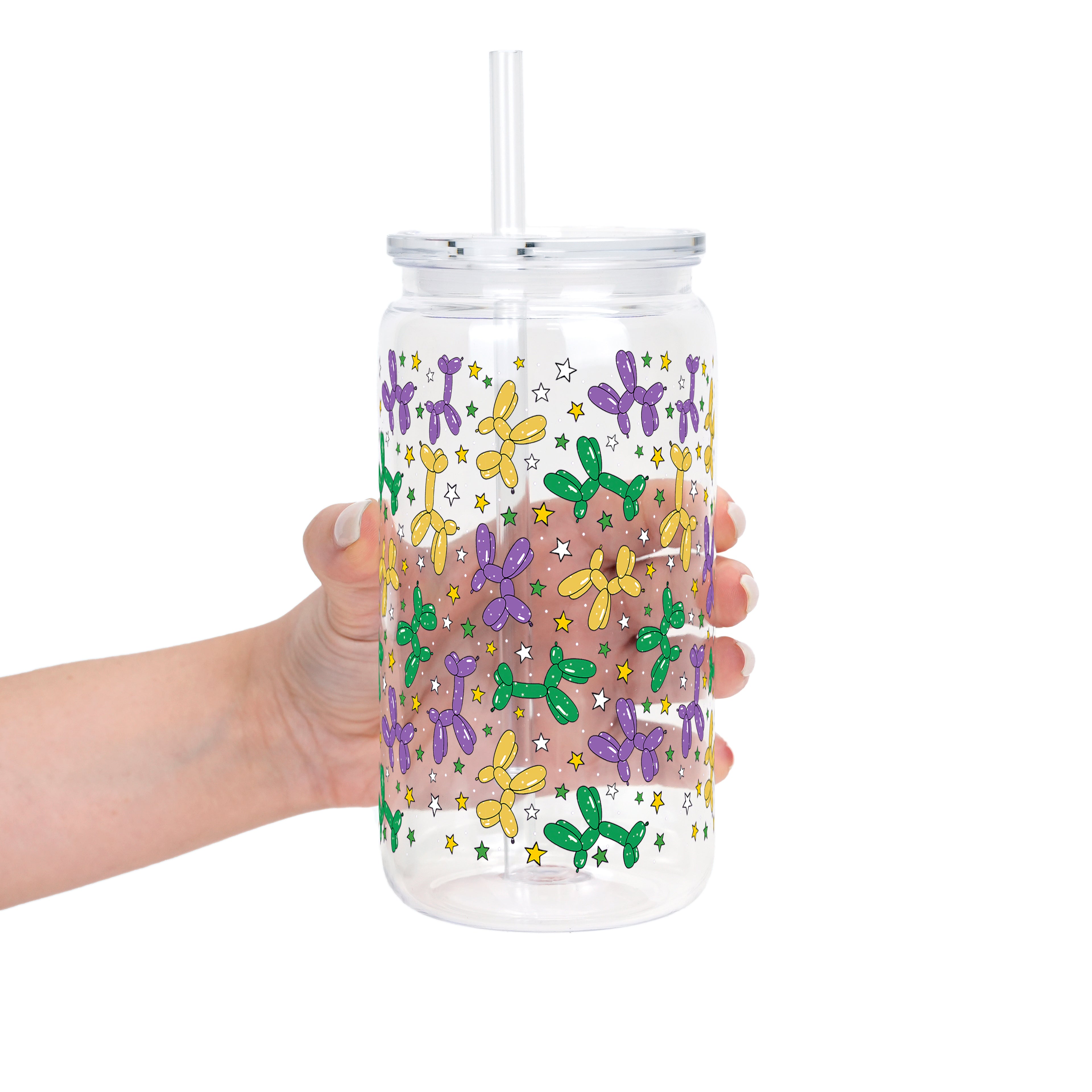 Balloon Dog Mardi Gras Glass Cup, Mug & Tumbler with Lid and Straw